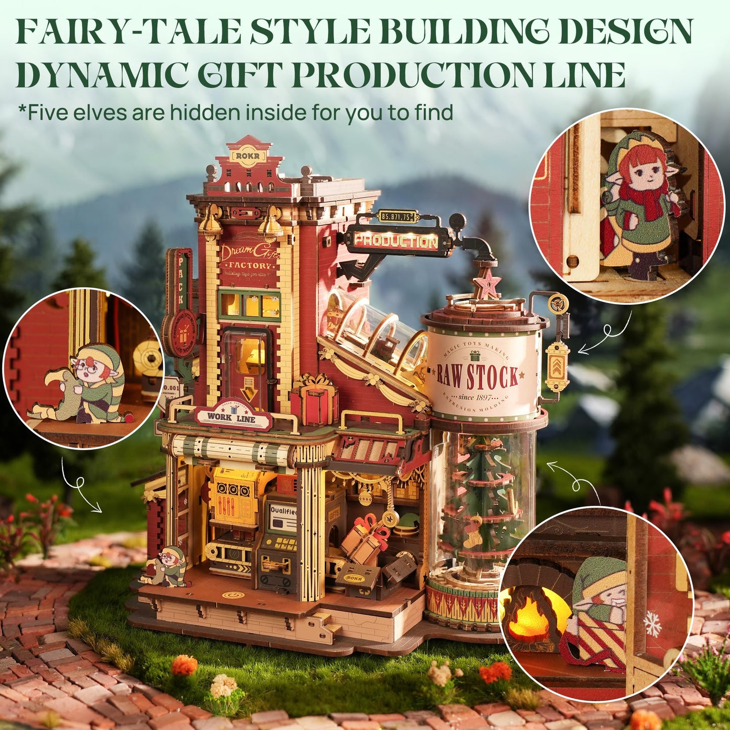 ROKR 3D Puzzle: Christmas Dream Gift Factory Kit with Lights, Music & 5 Elves