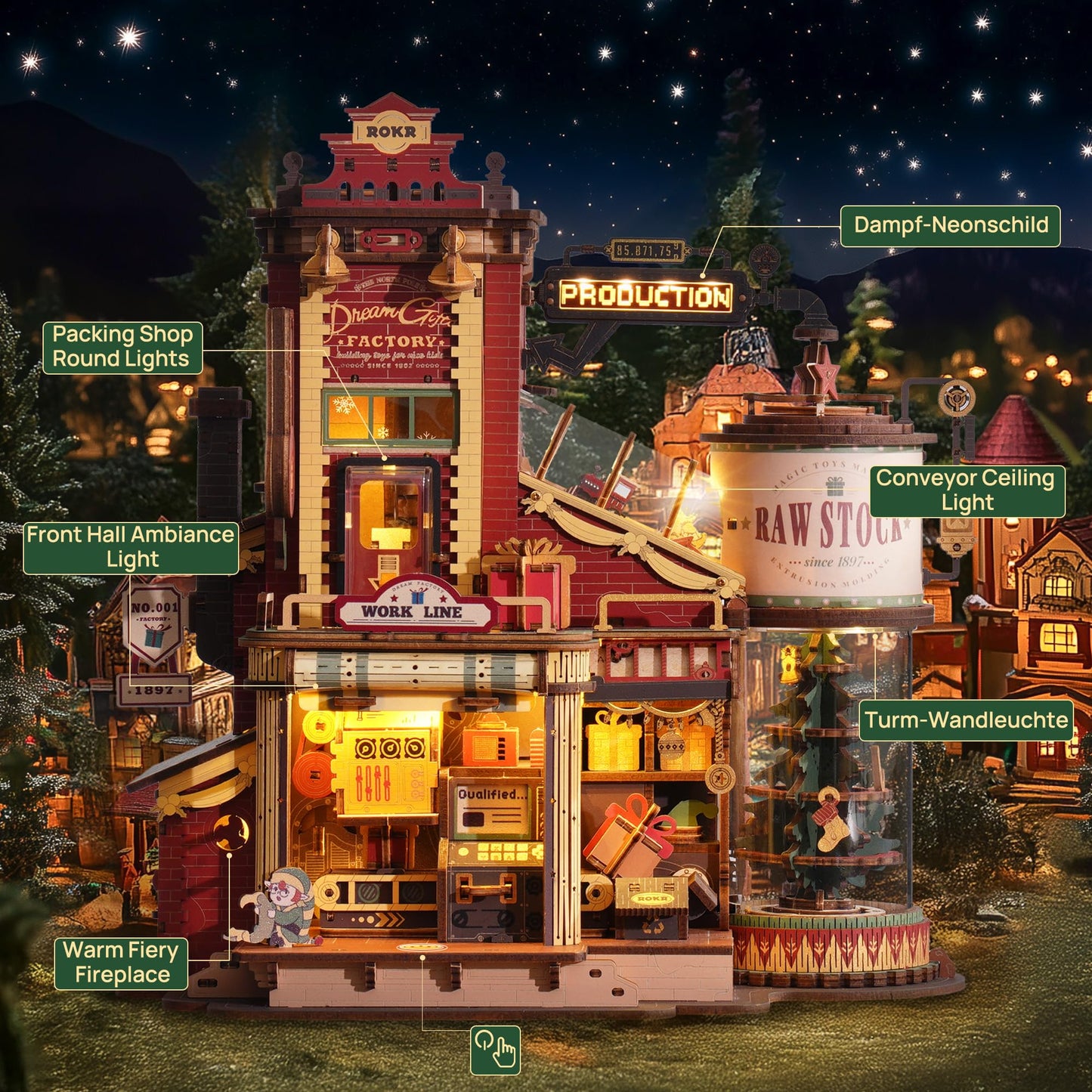 ROKR 3D Puzzle: Christmas Dream Gift Factory Kit with Lights, Music & 5 Elves