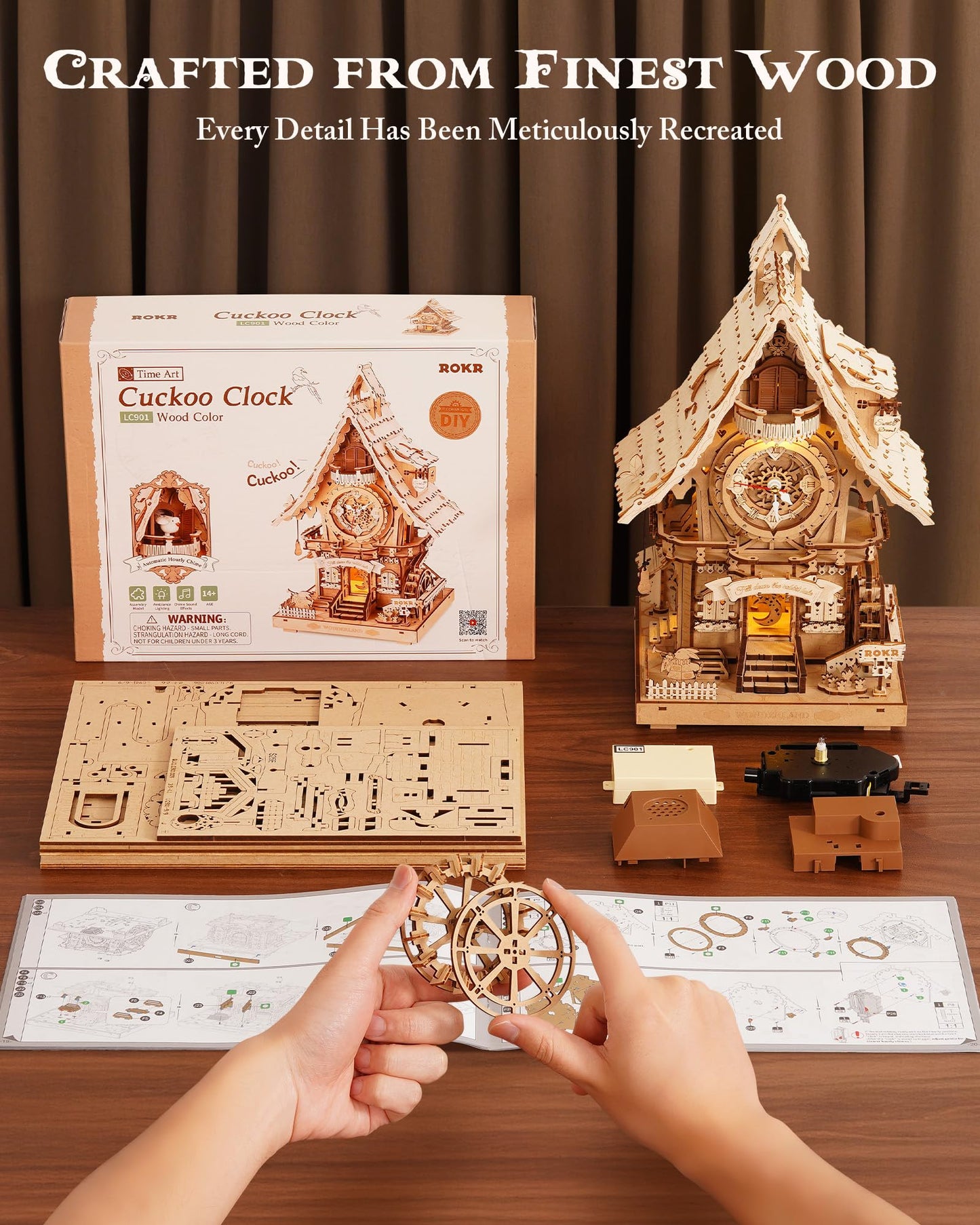 ROKR 3D Wooden Cuckoo Clock Puzzle Kit for Adults – 435-Piece DIY Clock Model