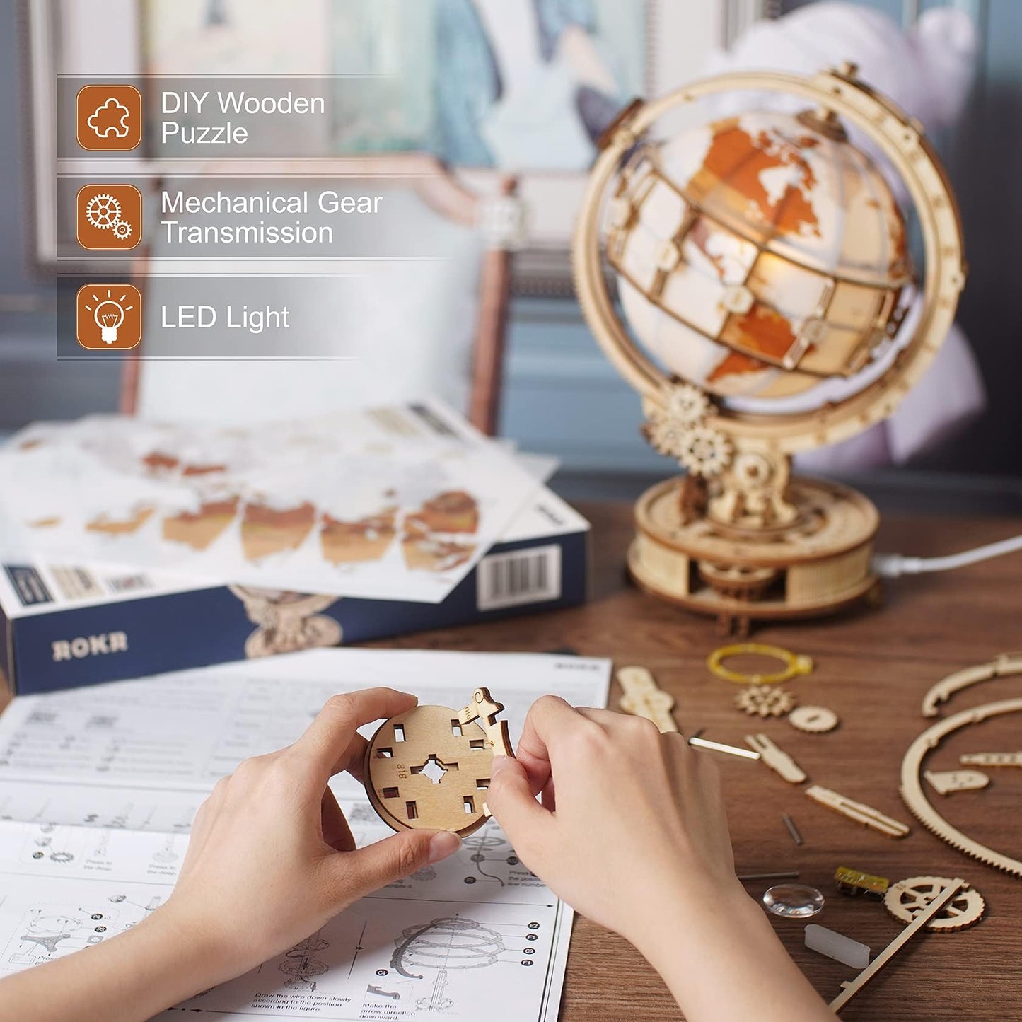 ROKR 3D Wooden Globe Puzzle with LED — 180 Pieces