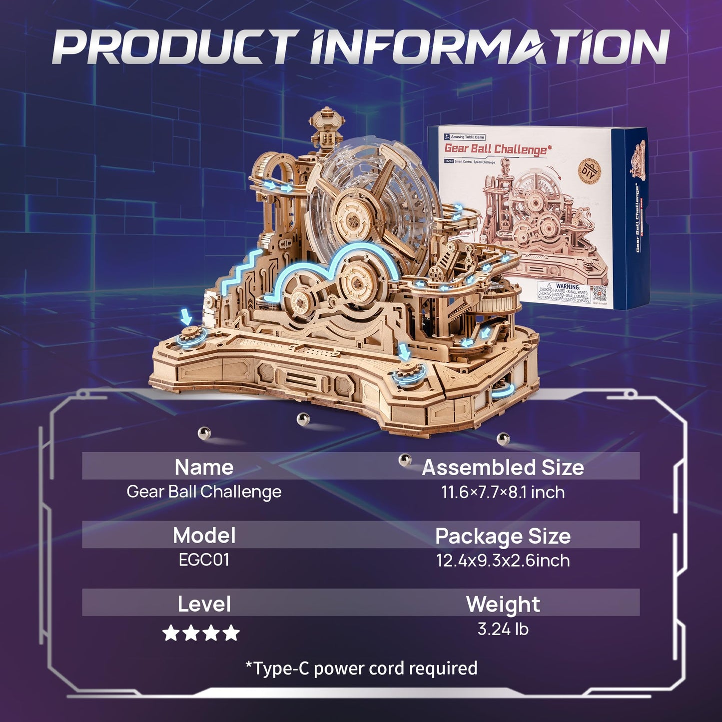 ROKR 3D Marble Run Puzzle – Gear Ball Challenge Pinball Model Kit (EGC01)