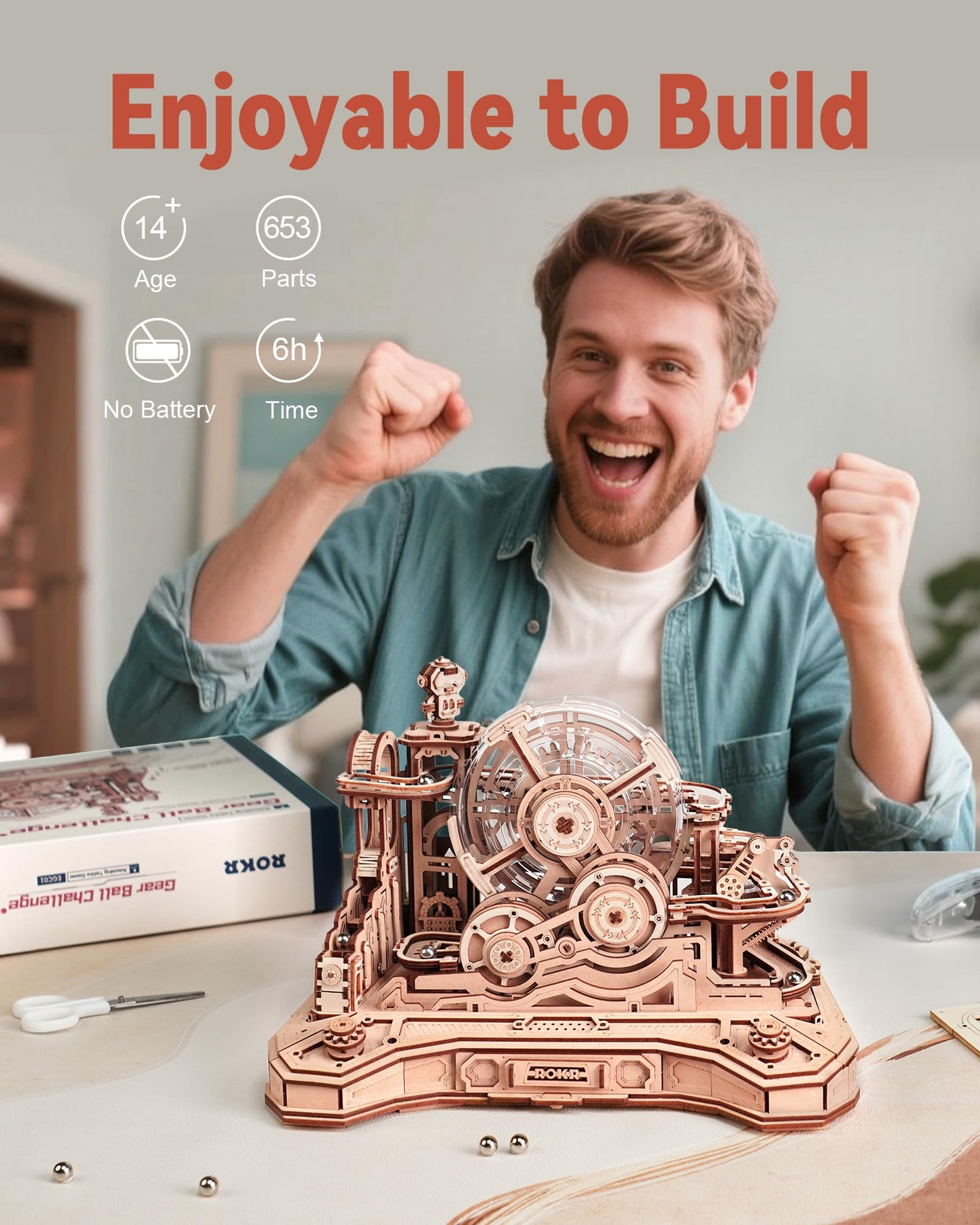 ROKR 3D Wooden Gear Ball Challenge – Build & Play Marble Run Kit for Adults & Teens