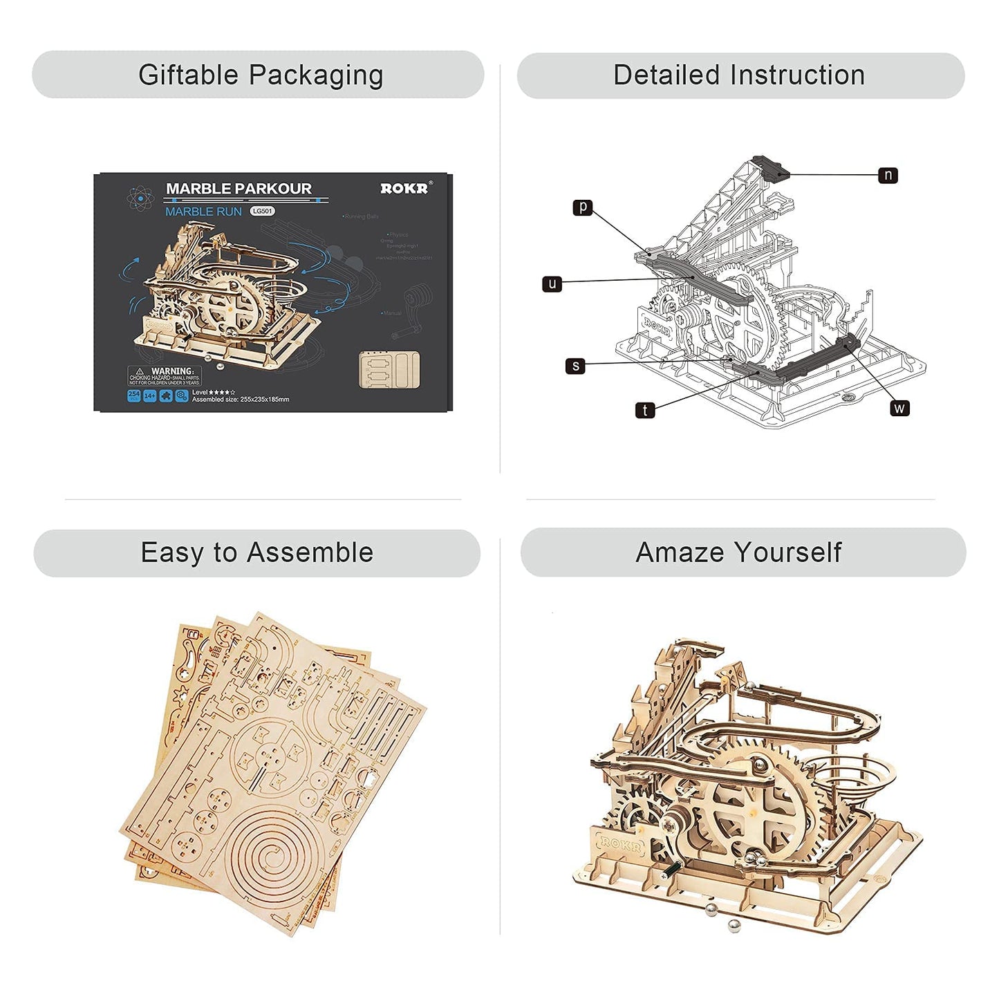 ROKR 3D Wooden Marble Run Set – Mechanical Puzzle Kit for Adults | DIY Roller Coaster Toy