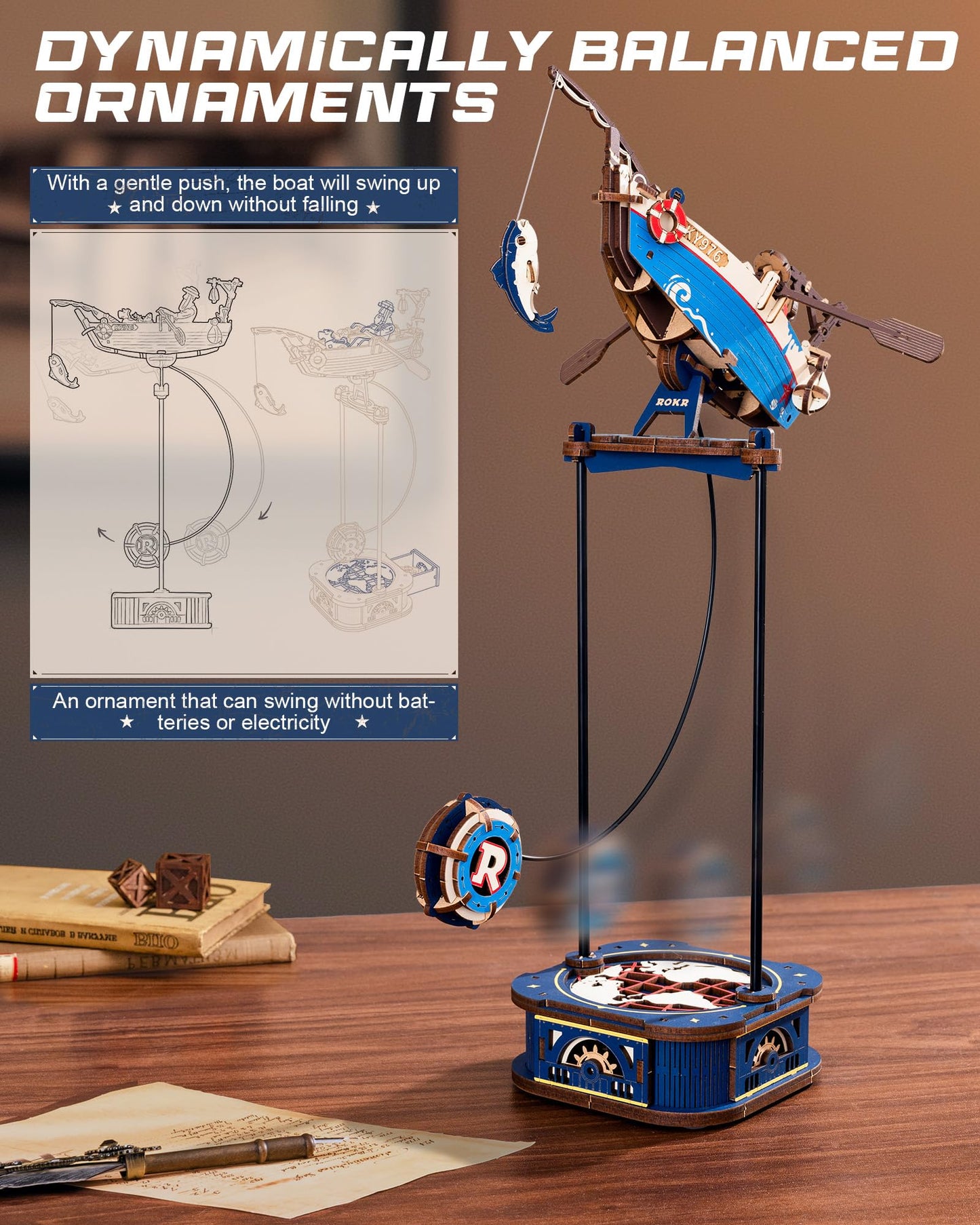 ROKR 3D Wooden Puzzle for Adults - Gravity Swing Ocean Fisher Model, 161 Pieces