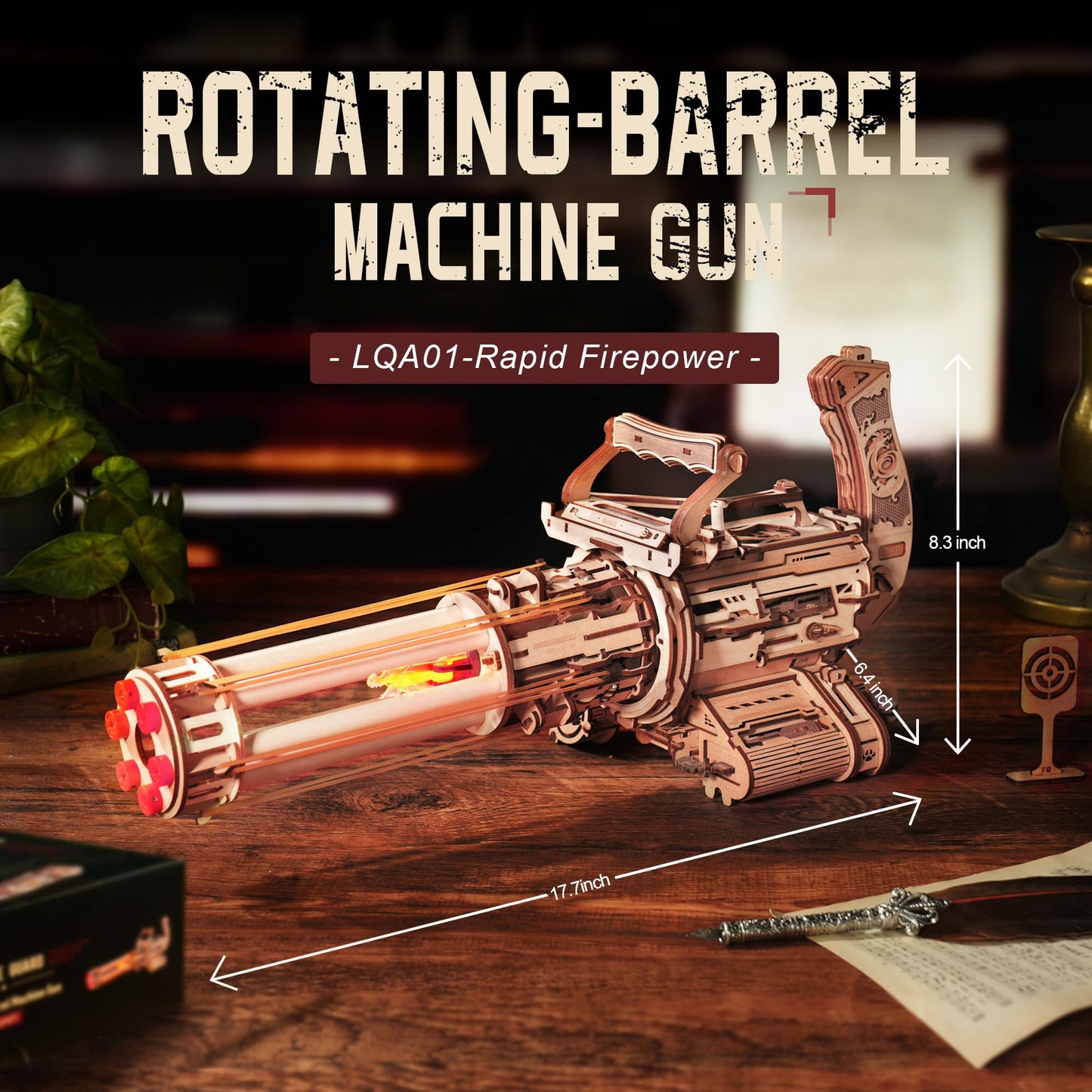 ROKR Gun 3D Puzzle for Adults — Wooden Rotating-Barrel Model Kit with Dual Triggers