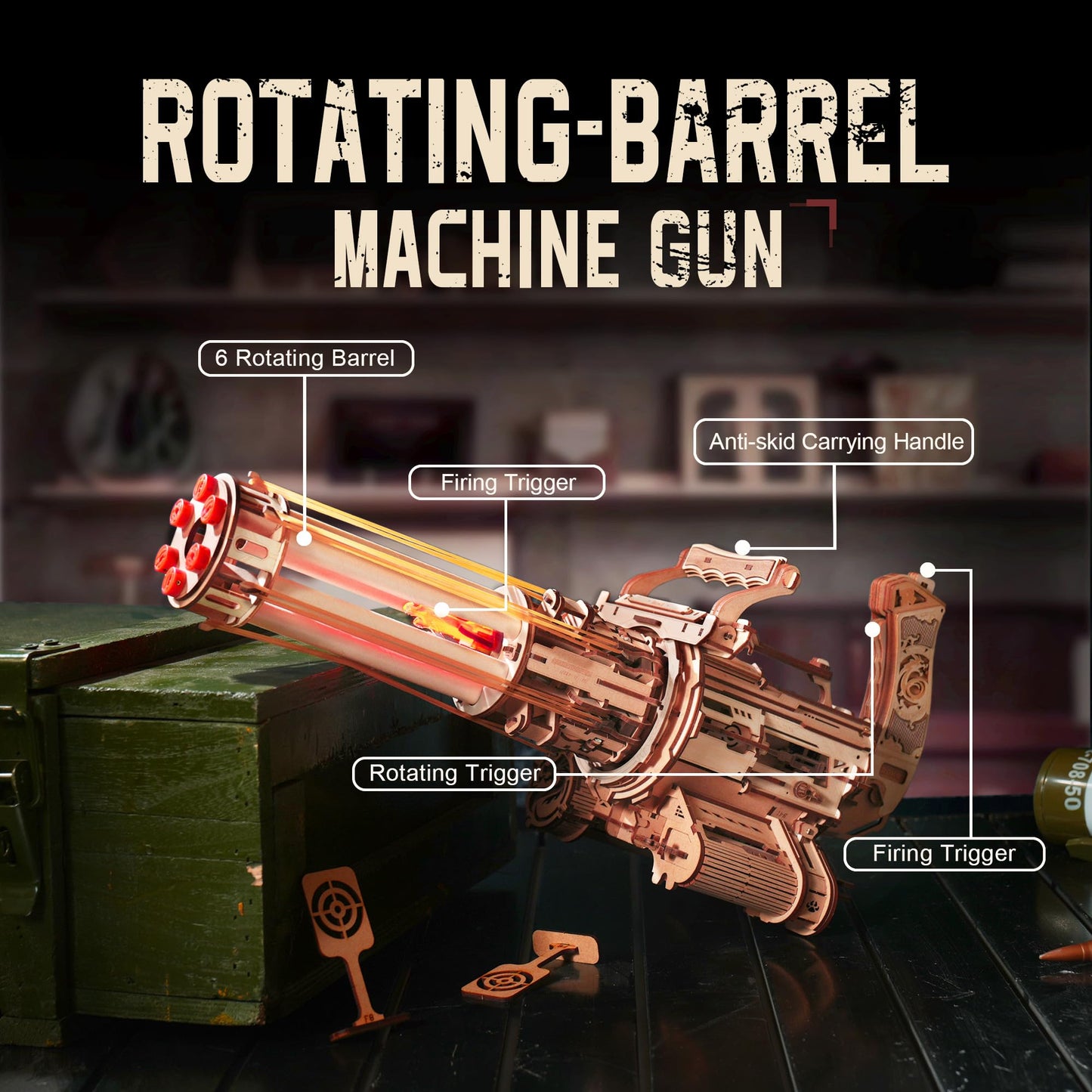 ROKR Gun 3D Puzzle for Adults — Wooden Rotating-Barrel Model Kit with Dual Triggers