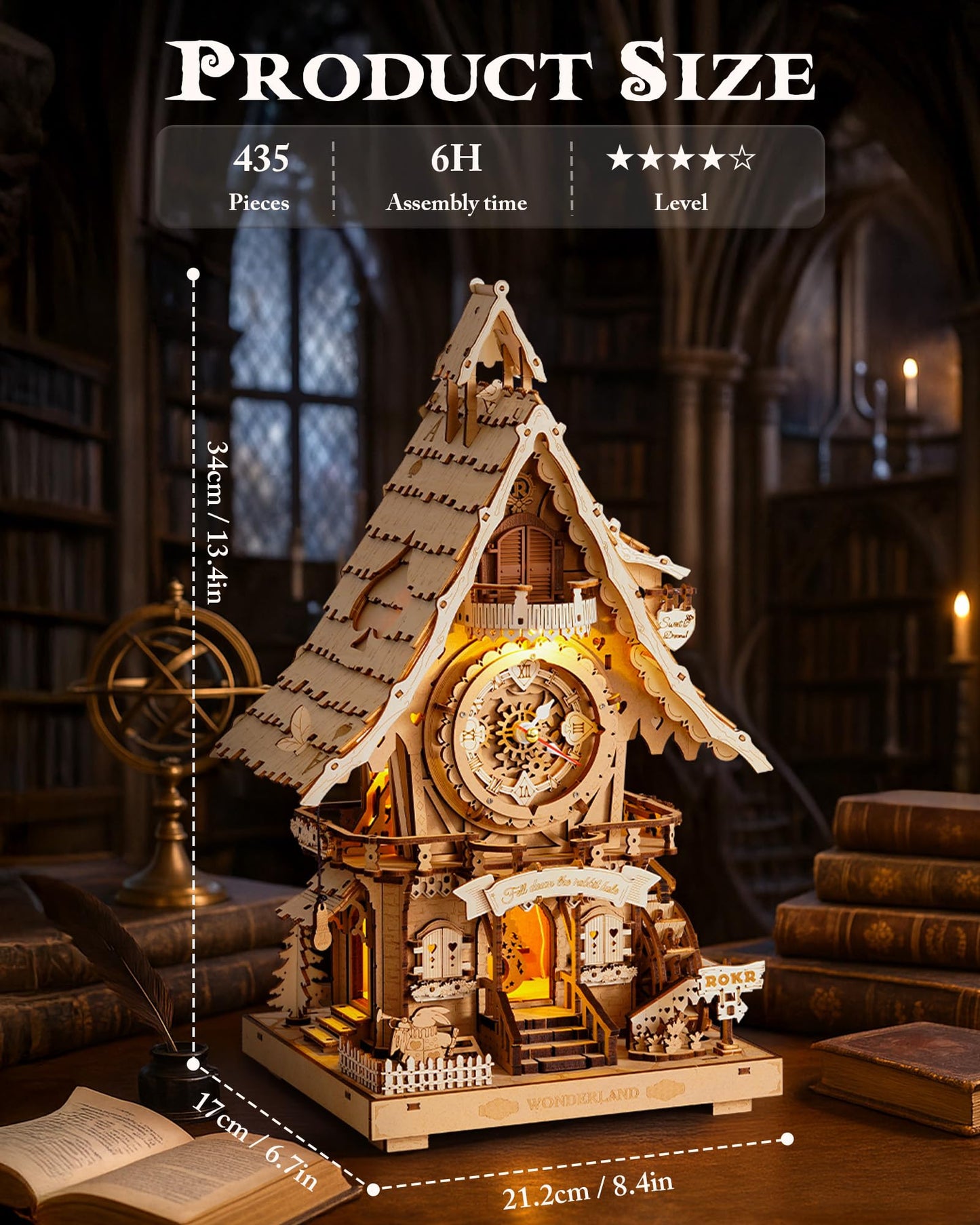 ROKR 3D Wooden Cuckoo Clock Puzzle Kit for Adults – 435-Piece DIY Clock Model