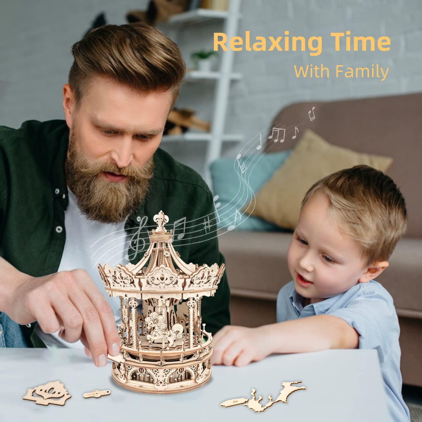ROKR 3D Wooden Puzzles Music Box – DIY Mechanical Merry-Go-Round Kit
