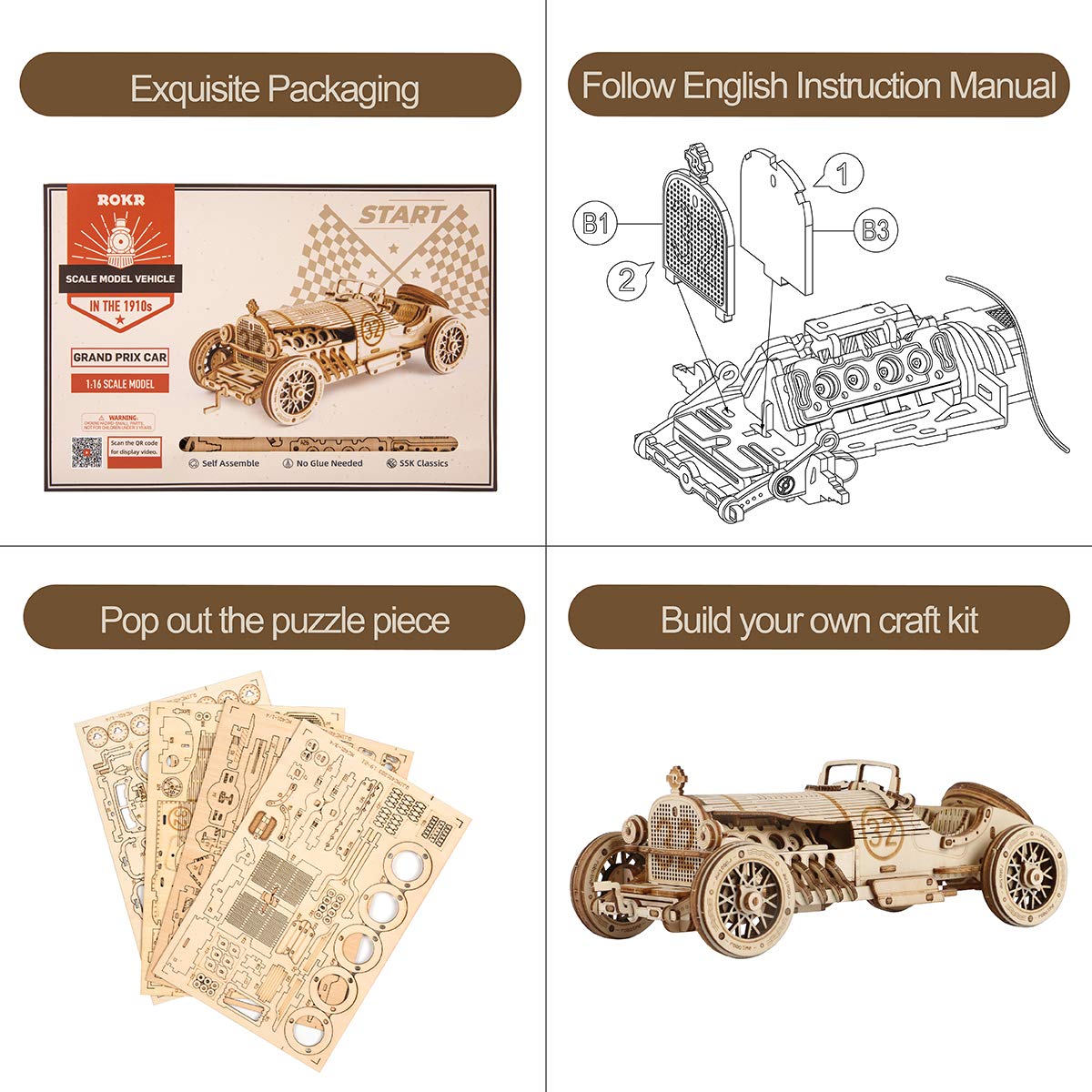 ROKR 3D Wooden Puzzle for Adults – Grand Prix Car Model Kit 1:16 (MC401) No Glue