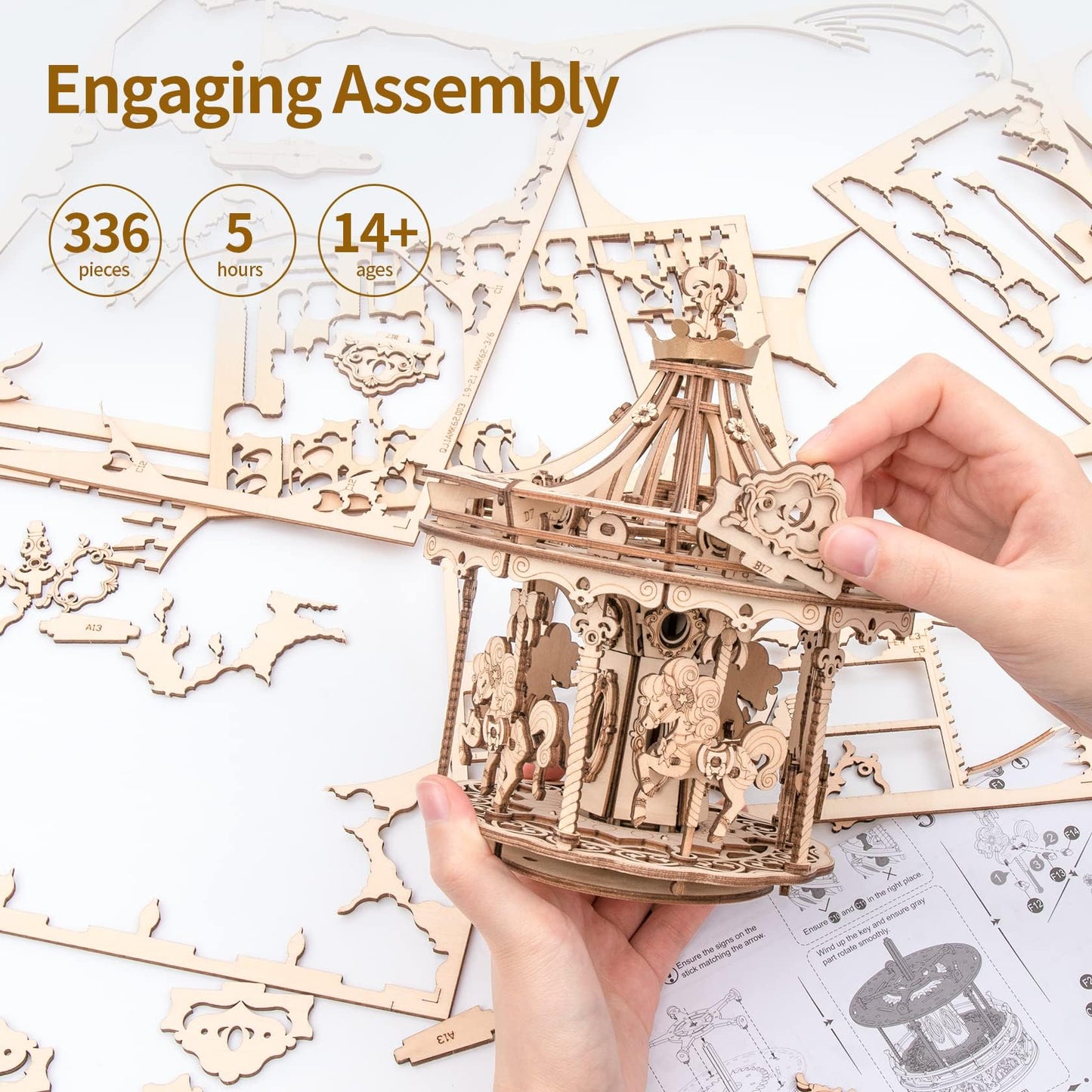 ROKR 3D Wooden Puzzles Music Box – DIY Mechanical Merry-Go-Round Kit