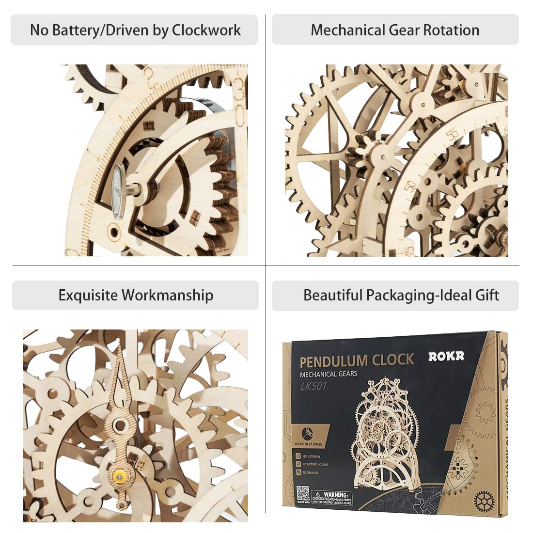 ROKR 3D Wooden Mechanical Pendulum Clock Puzzle – Laser-Cut Gears Toy, Family Craft Kit