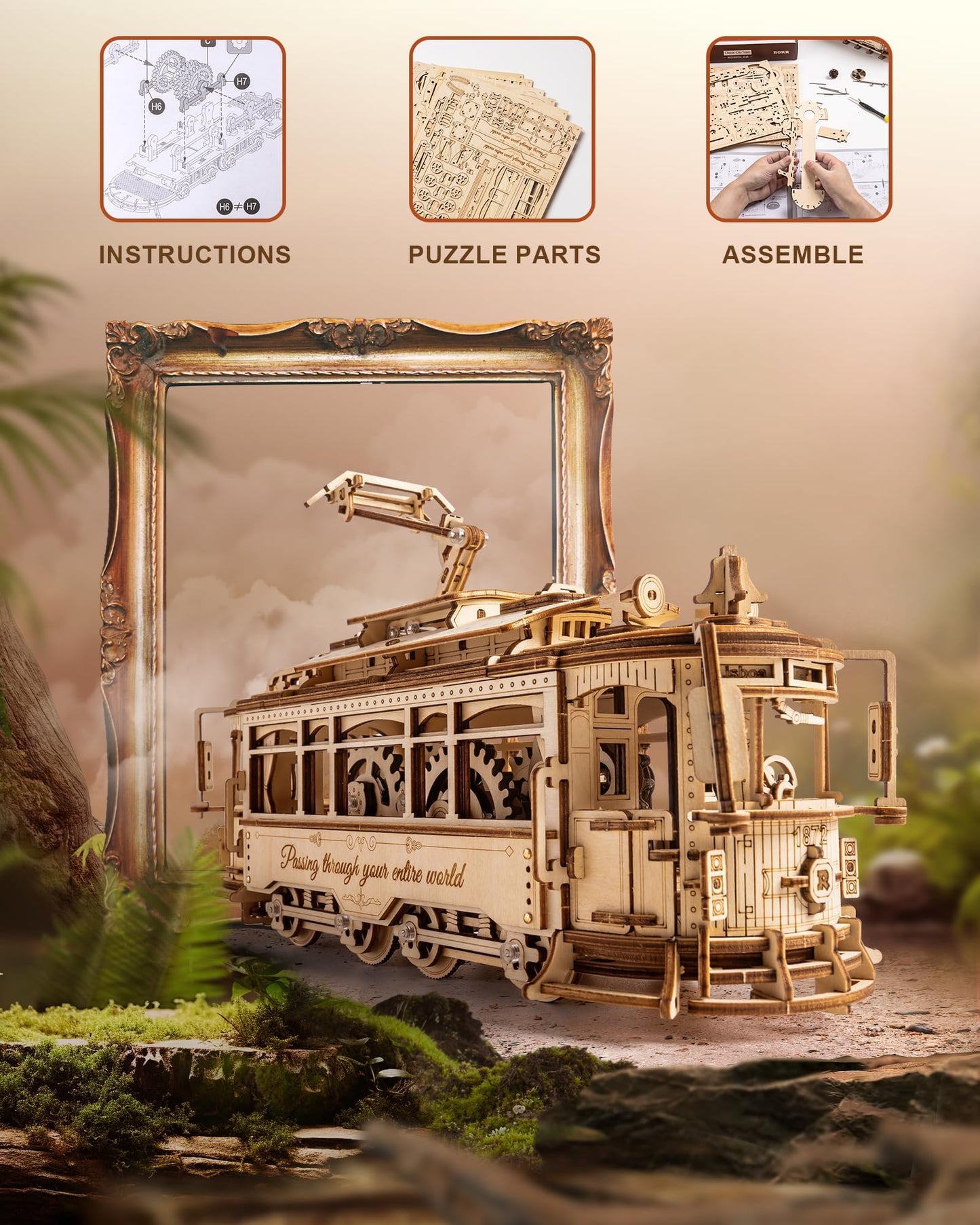 ROKR 3D Wooden Puzzle – Model Tram Car Kit for Adults | Build & Display Railway Toy