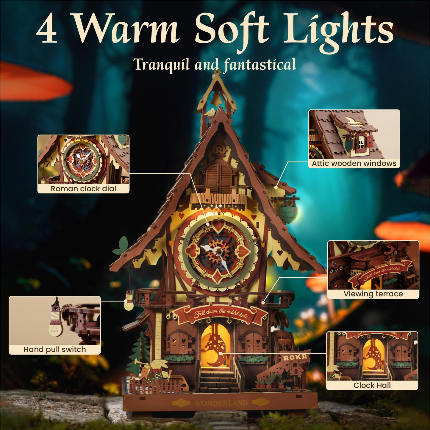 ROKR 3D Cuckoo Clock Puzzle Kit for Adults – No-Glue, LED Treehouse Decor