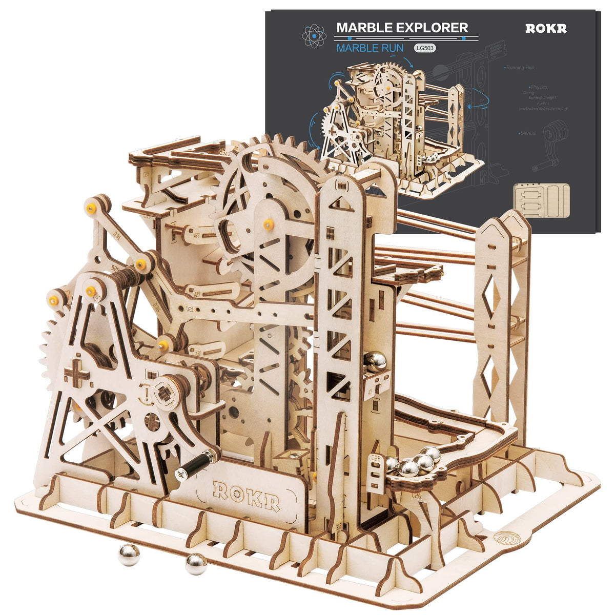 ROKR LG503 Lift Coaster – 3D Wooden Puzzle Marble Run with Gears | Gift Kit for Adults & Teens 14+