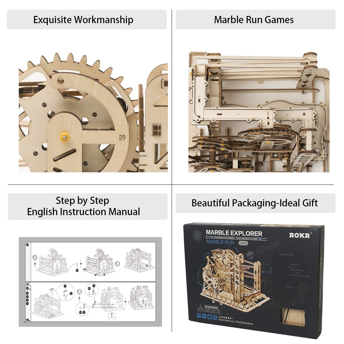 ROKR LG503 Lift Coaster – 3D Wooden Puzzle Marble Run with Gears | Gift Kit for Adults & Teens 14+
