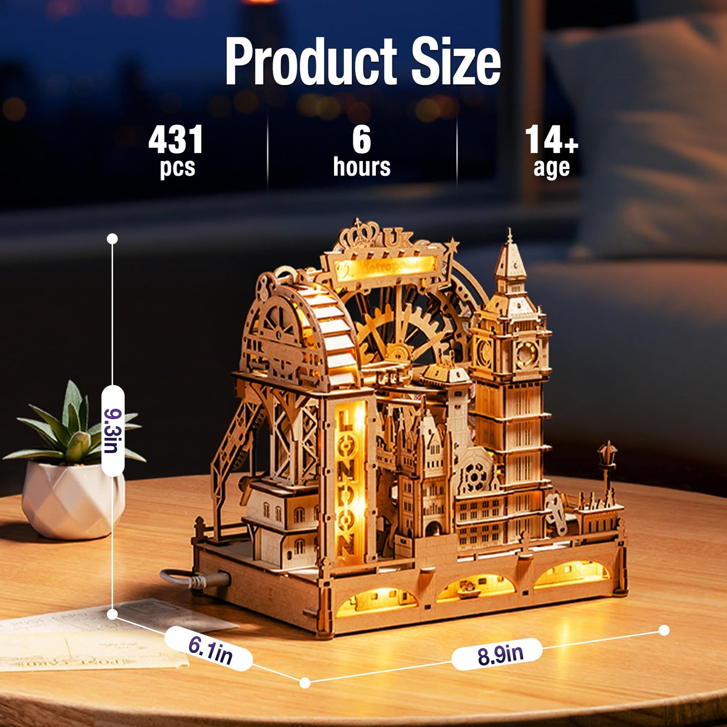 ROKR Marble Travel London – 3D Wooden Puzzle with LED Marble Run for Adults