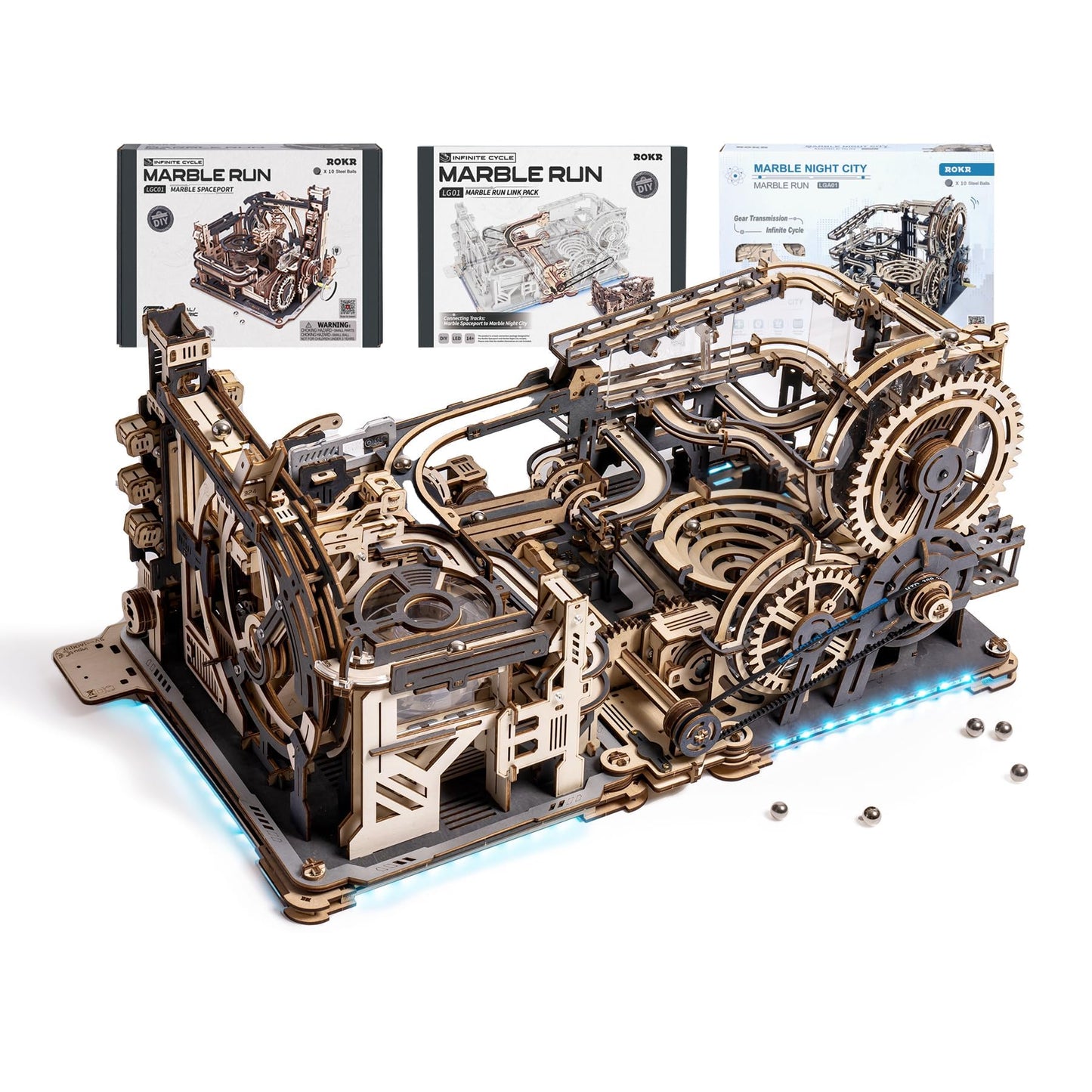 ROKR 3 in 1 Electric Wooden Marble Run — 3D Puzzle Kit for Adults, Gift for Boys & Men