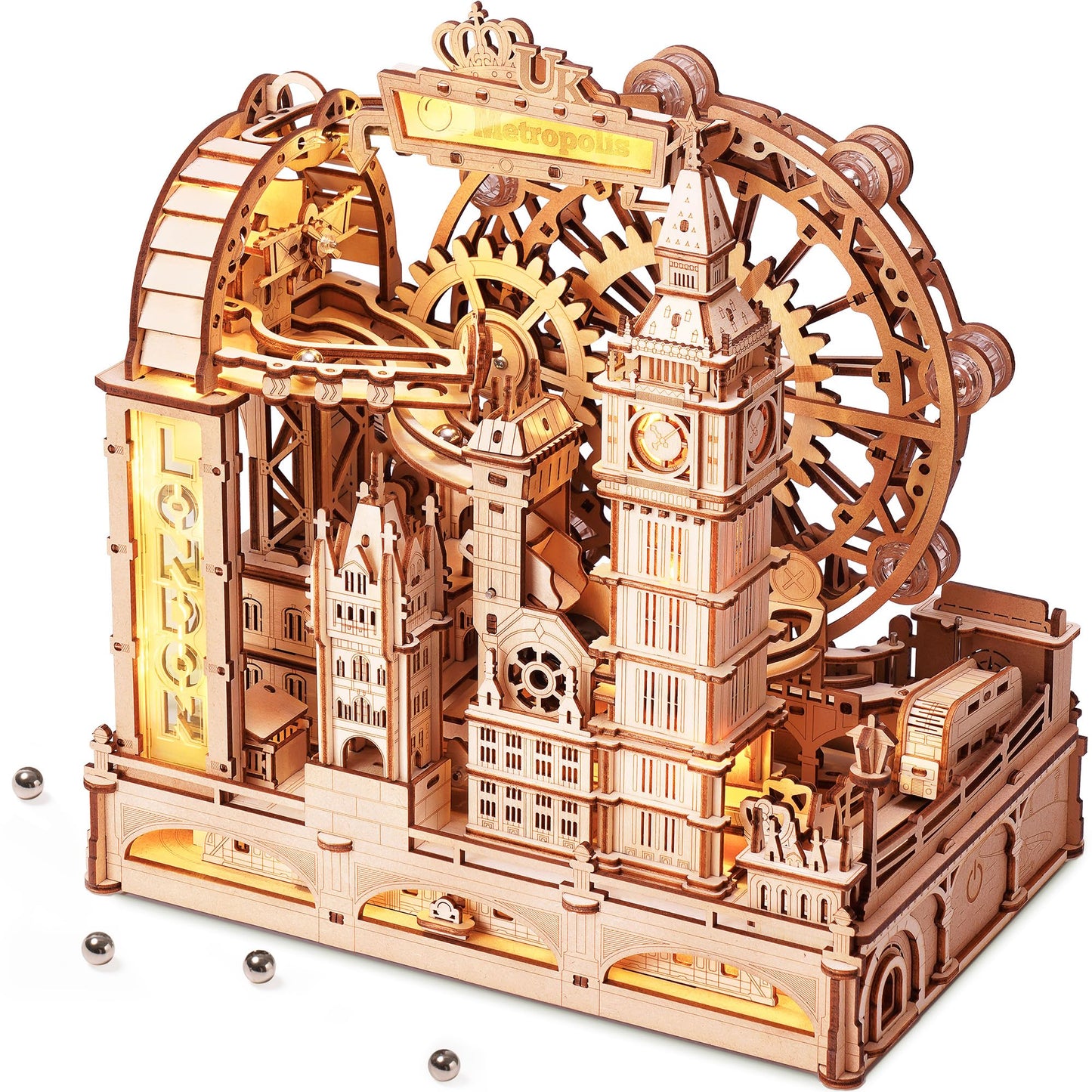 ROKR Marble Travel London – 3D Wooden Puzzle with LED Marble Run for Adults