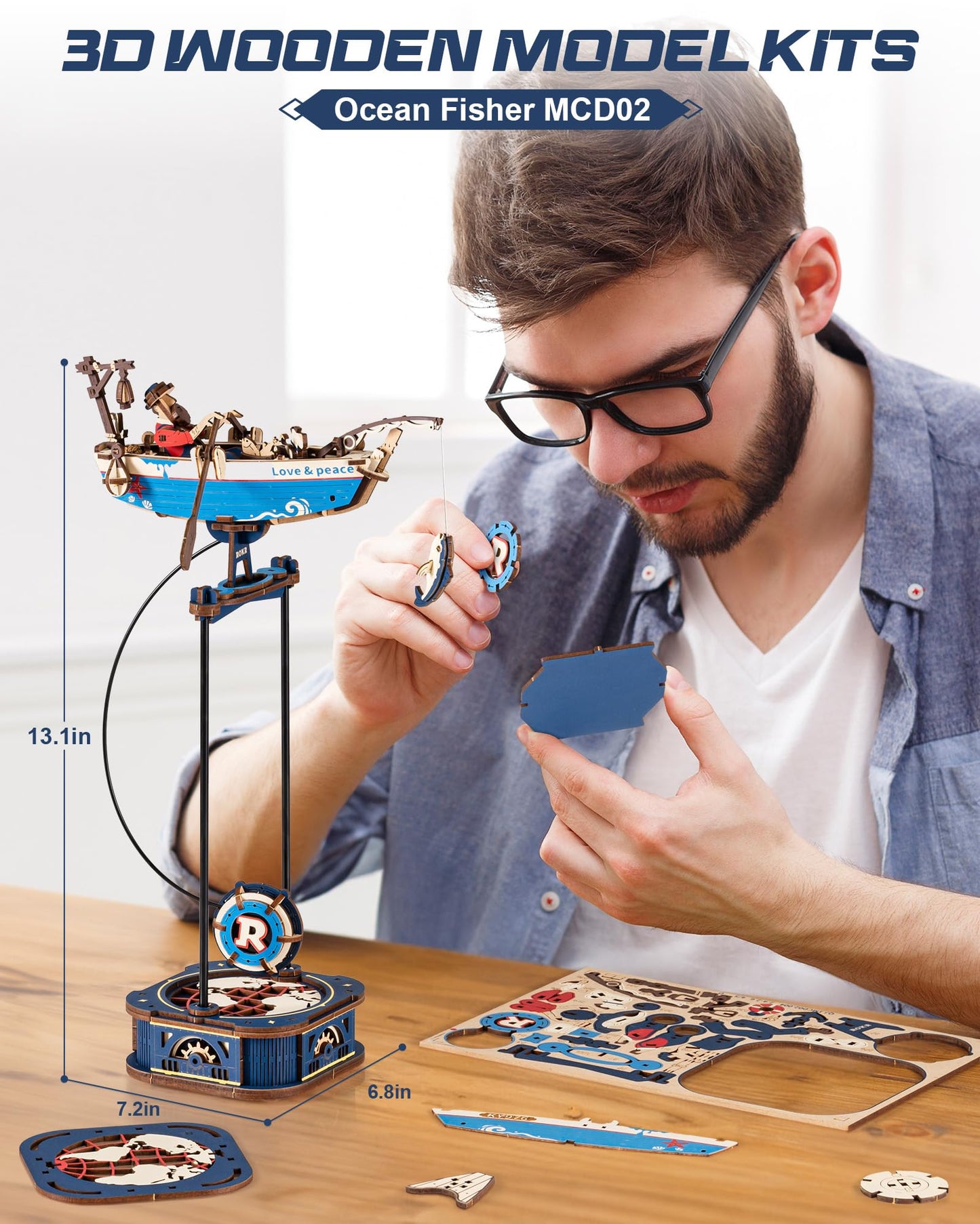 ROKR 3D Wooden Puzzle for Adults - Gravity Swing Ocean Fisher Model, 161 Pieces