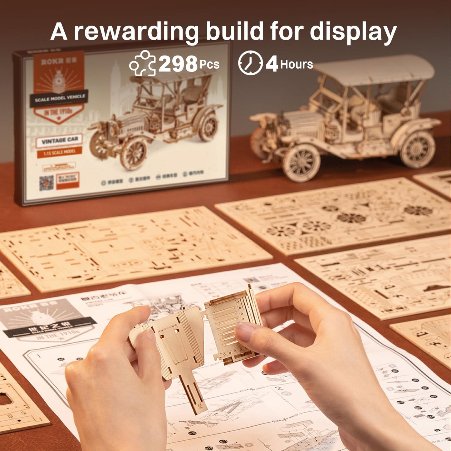 ROKR 3D Wooden Puzzle Car Kit – 1:15 Scale Vintage Model, Glue-Free Build, 289 Pcs