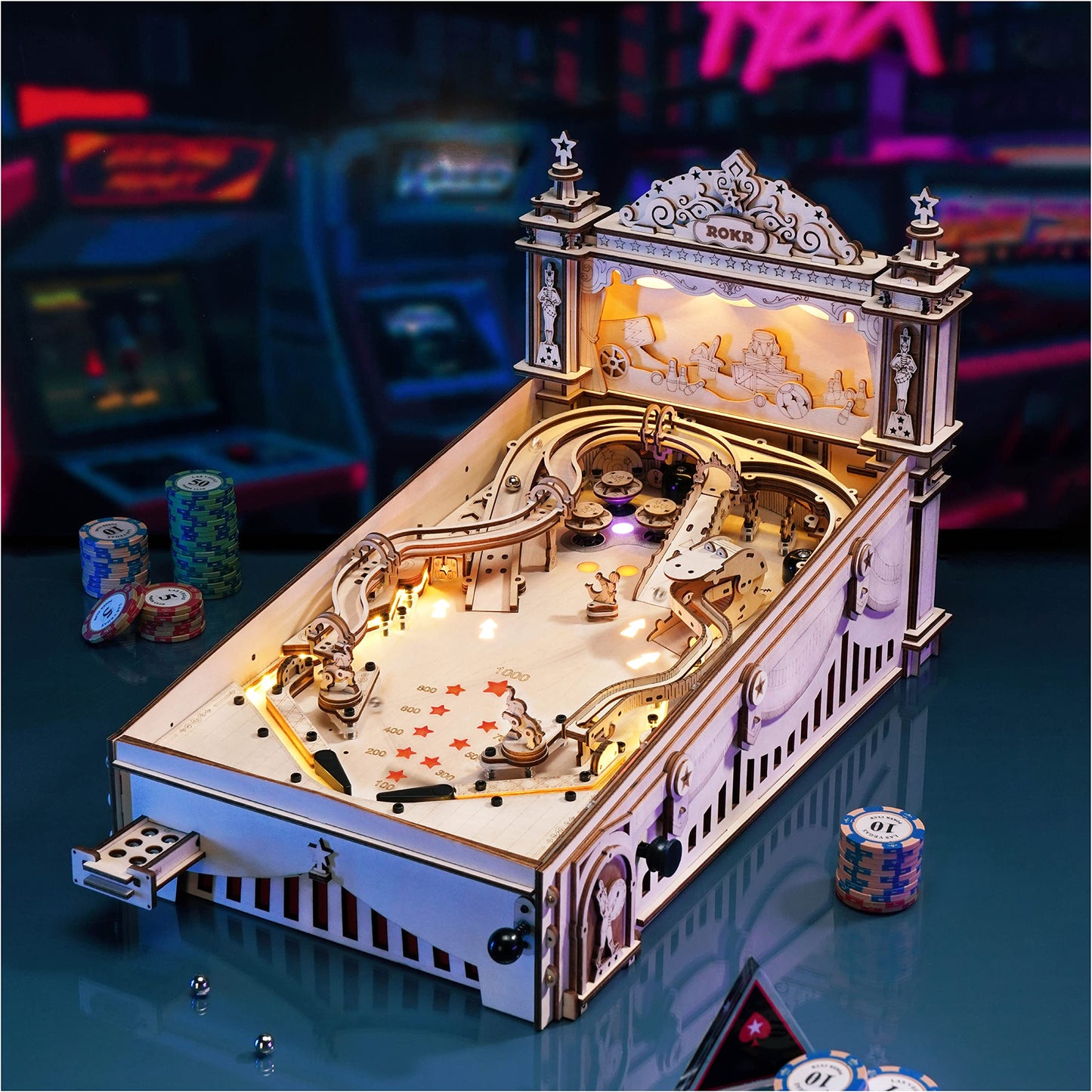 ROKR Miniature Pinball Machine — 3D Wooden Puzzle Kit for Adults | DIY Model Gift (Ages 14+)