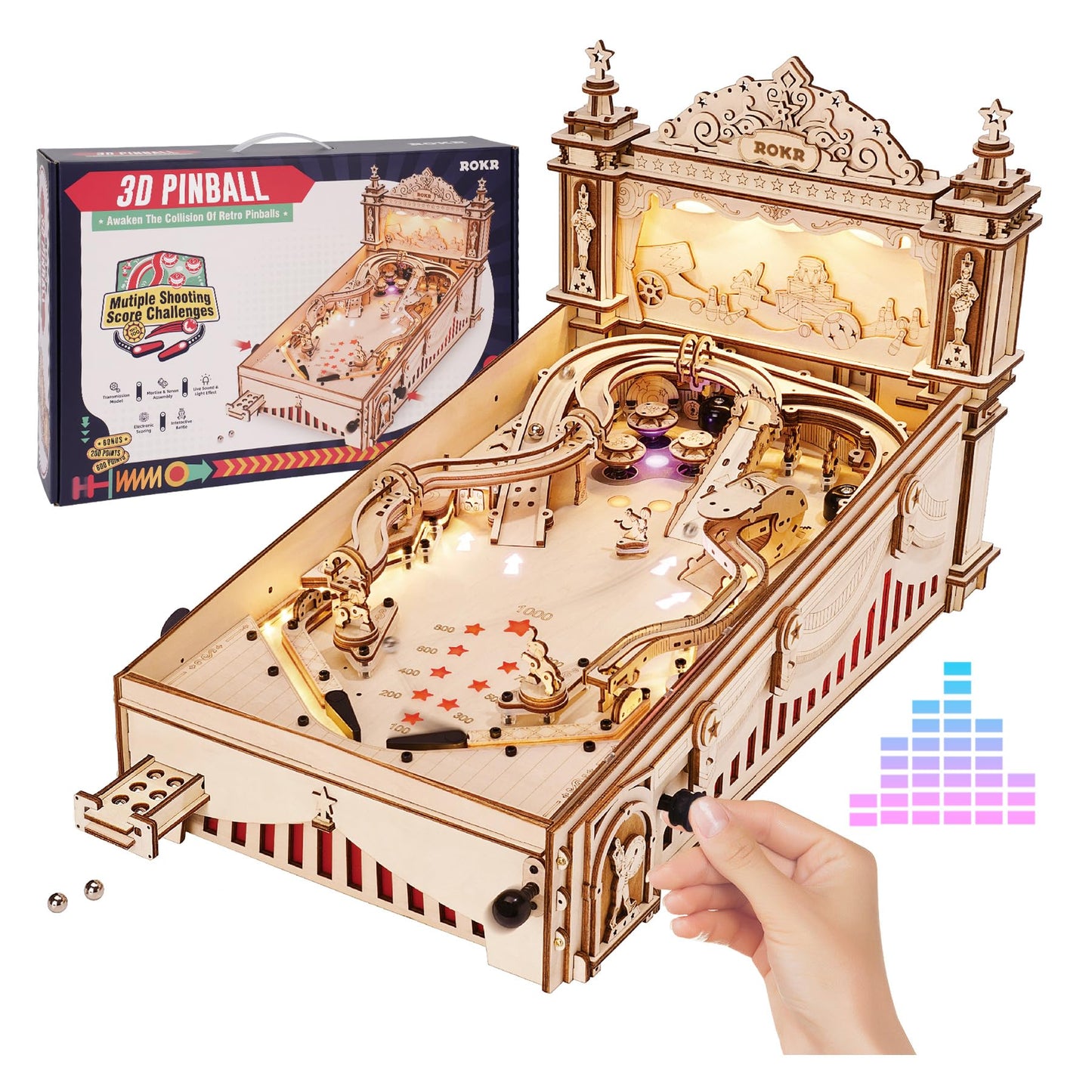 ROKR Miniature Pinball Machine — 3D Wooden Puzzle Kit for Adults | DIY Model Gift (Ages 14+)