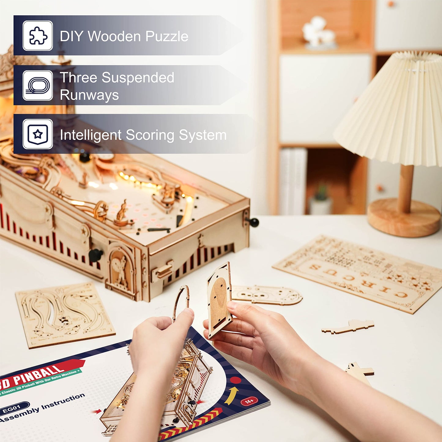 ROKR Miniature Pinball Machine — 3D Wooden Puzzle Kit for Adults | DIY Model Gift (Ages 14+)