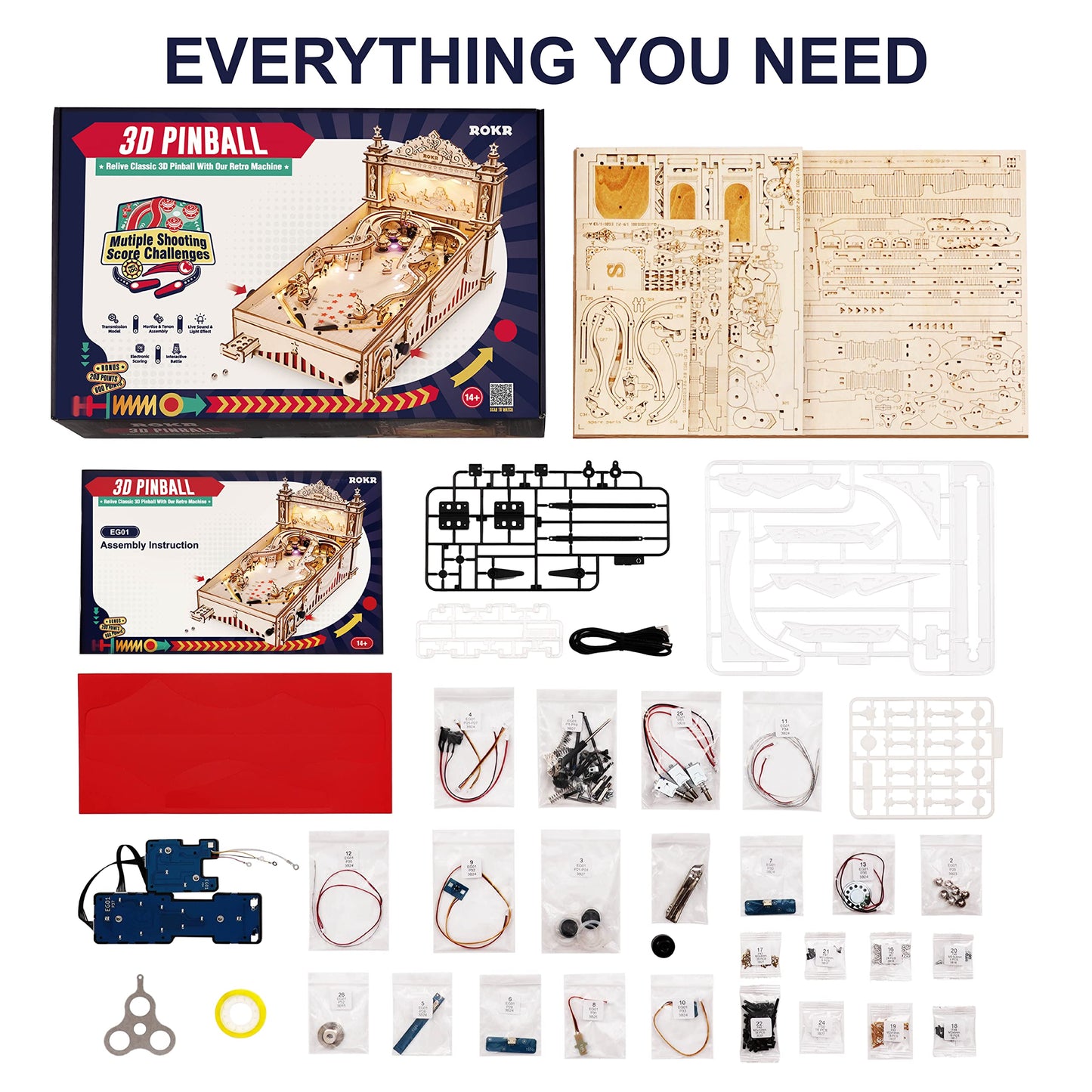ROKR Miniature Pinball Machine — 3D Wooden Puzzle Kit for Adults | DIY Model Gift (Ages 14+)