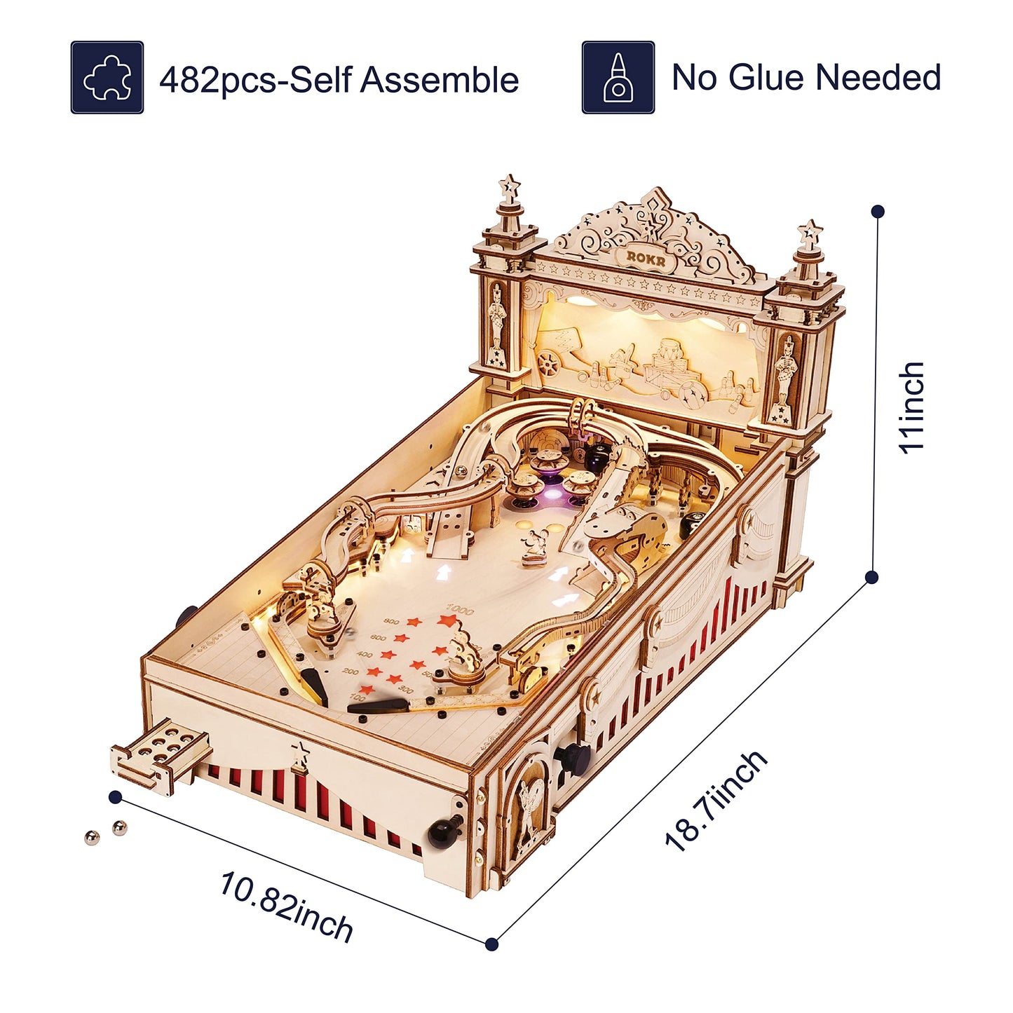 ROKR Miniature Pinball Machine — 3D Wooden Puzzle Kit for Adults | DIY Model Gift (Ages 14+)