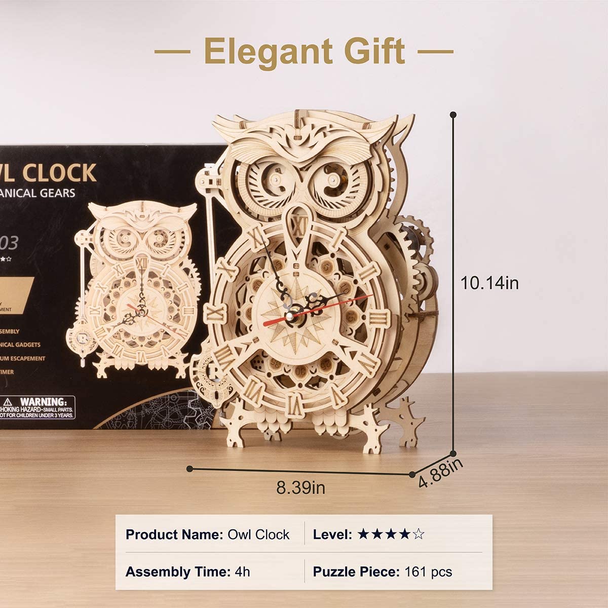 ROKR 3D Owl Clock Puzzle – Mechanical Wooden Kit for Adults | DIY Gift