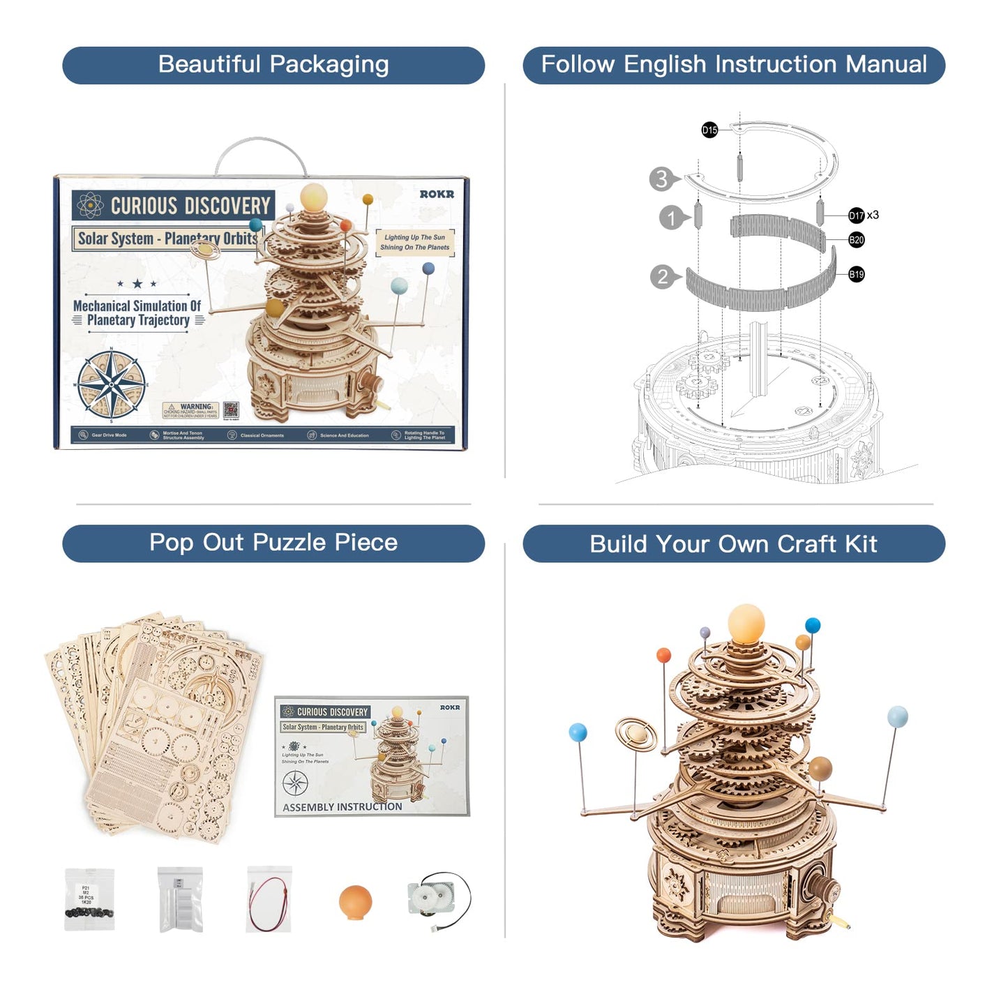 ROKR 3D Wooden Puzzles for Adults - Huge Orrery Model | Mechanical Solar System Puzzle Kit