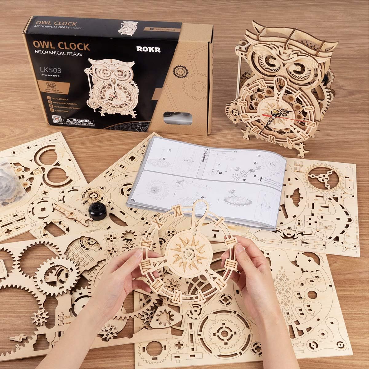 ROKR 3D Owl Clock Puzzle – Mechanical Wooden Kit for Adults | DIY Gift