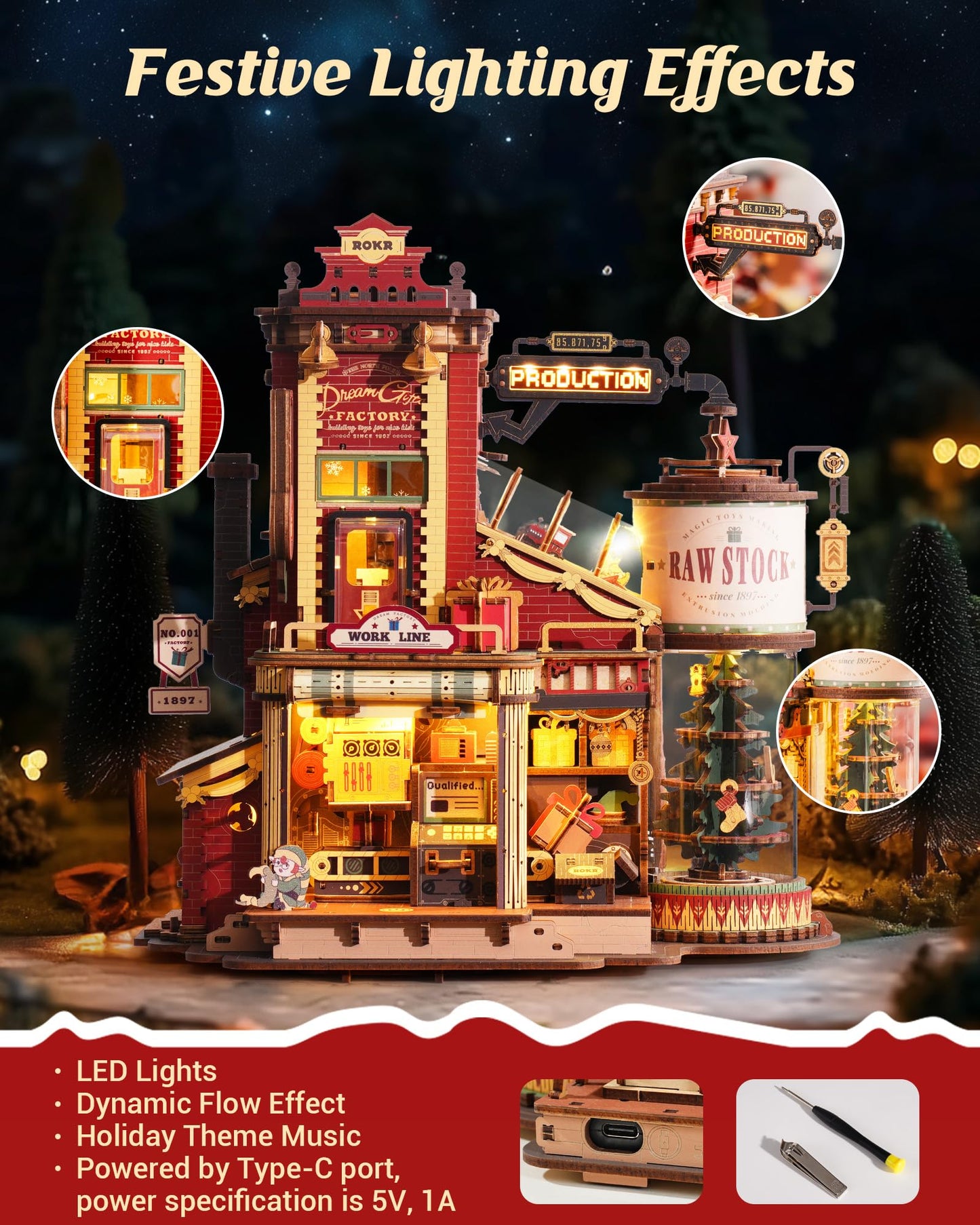 ROKR Gift Factory 3D Puzzle for Adults – 449-Piece Mechanical Wood Kit with Music & Lights