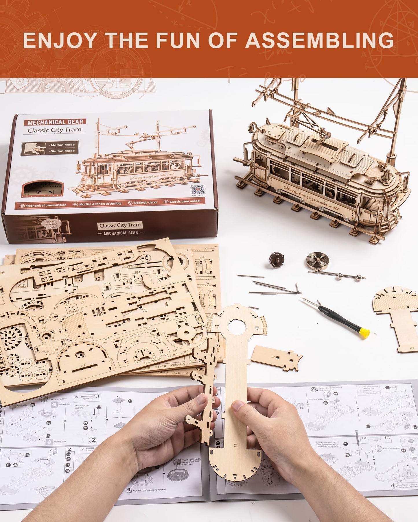 ROKR 3D Wooden Puzzle – Model Tram Car Kit for Adults | Build & Display Railway Toy