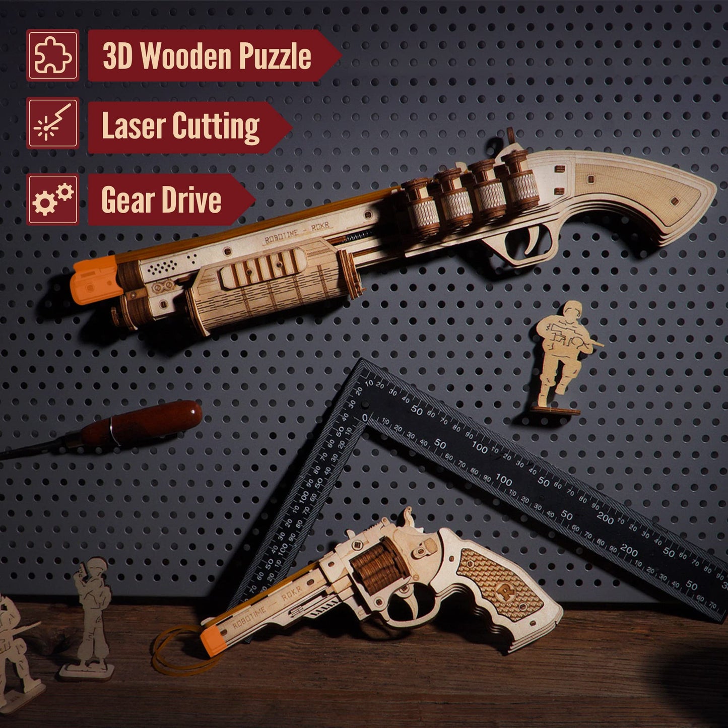 ROKR 3D Wooden Puzzle Rubber Band Gun Kit for Adults – Build, Play, Collect