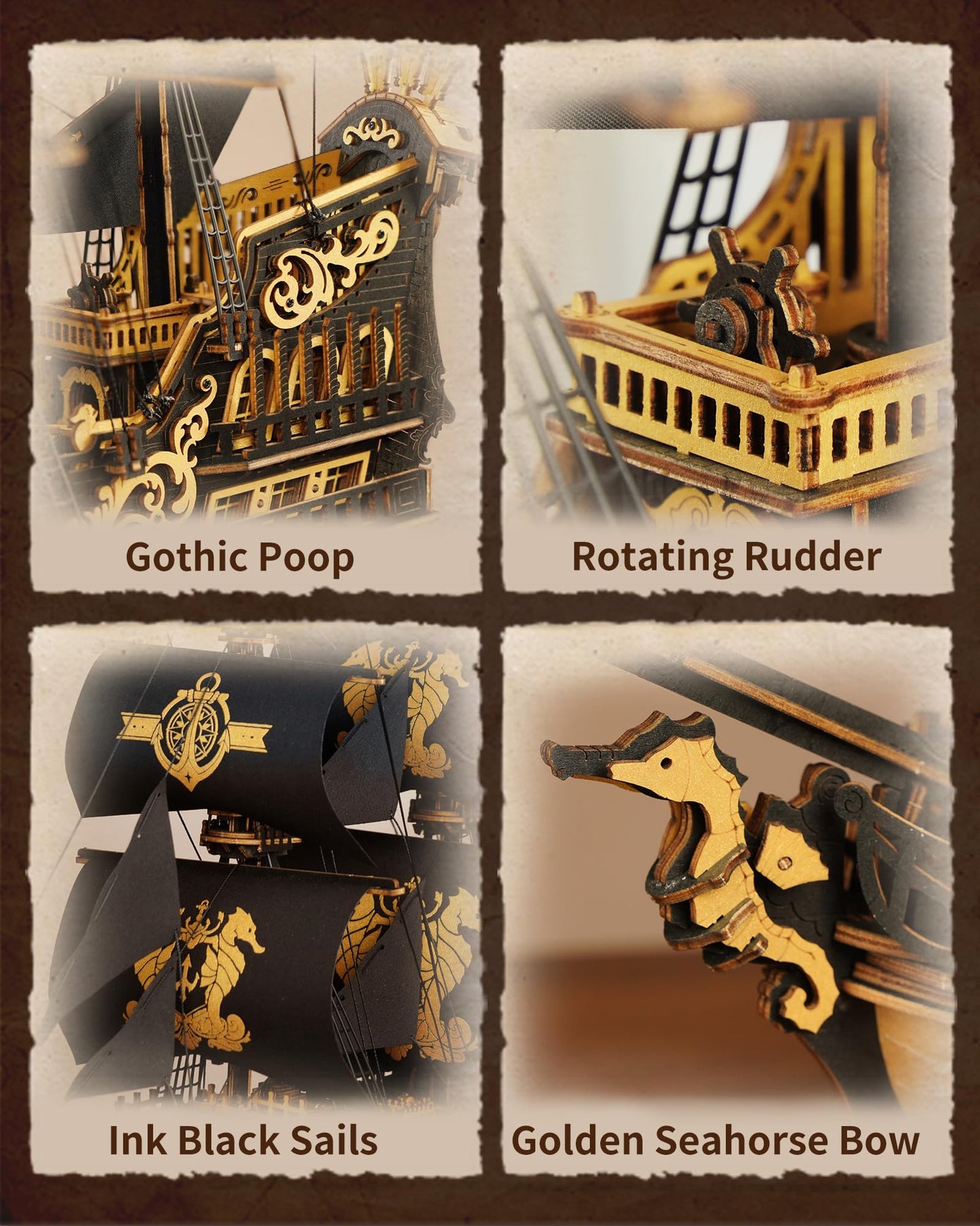 ROKR Seahorse Barque 3D Wooden Puzzle – 603-Piece Sailboat Model Kit (1:100)