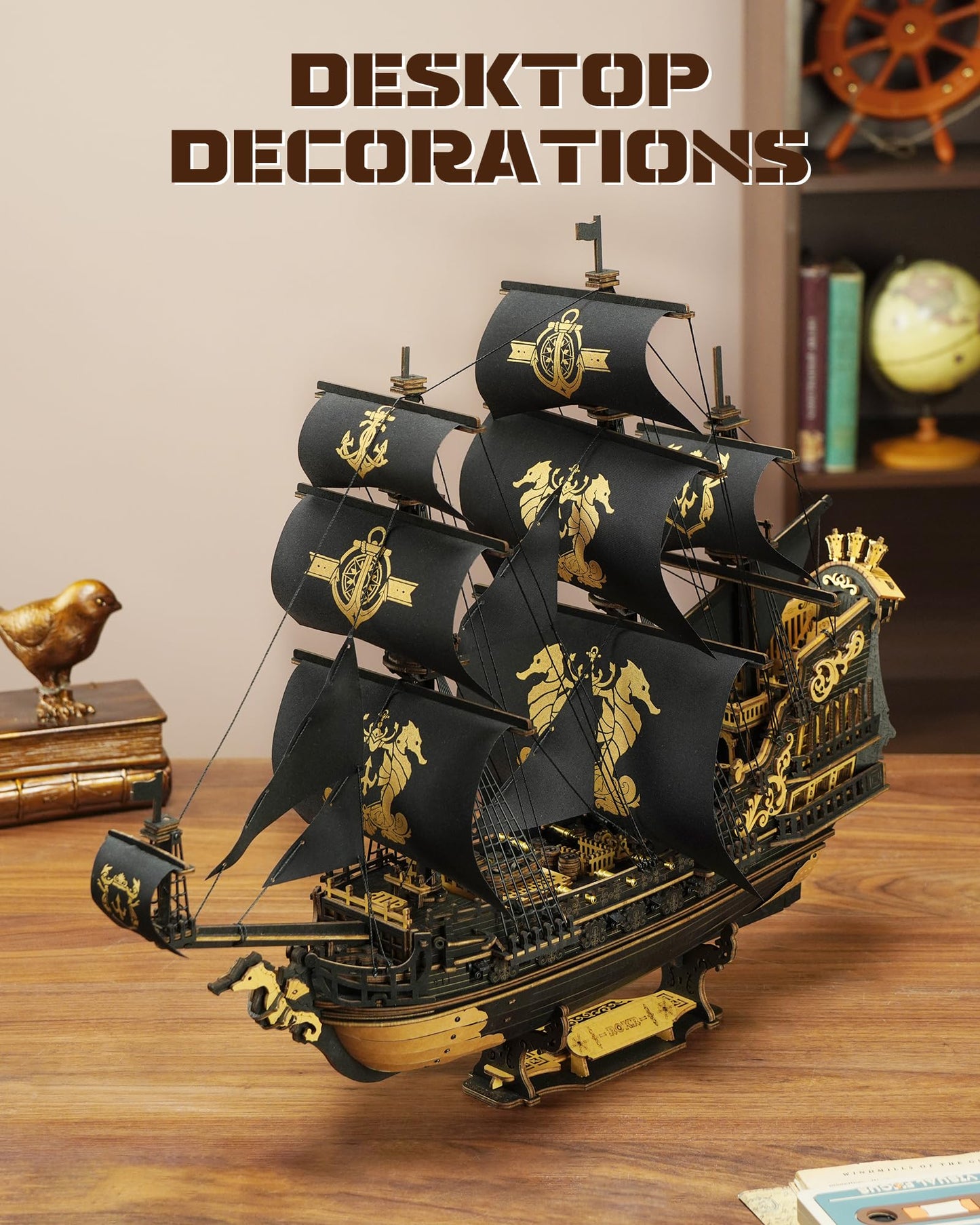 ROKR Seahorse Barque 3D Wooden Puzzle – 603-Piece Sailboat Model Kit (1:100)