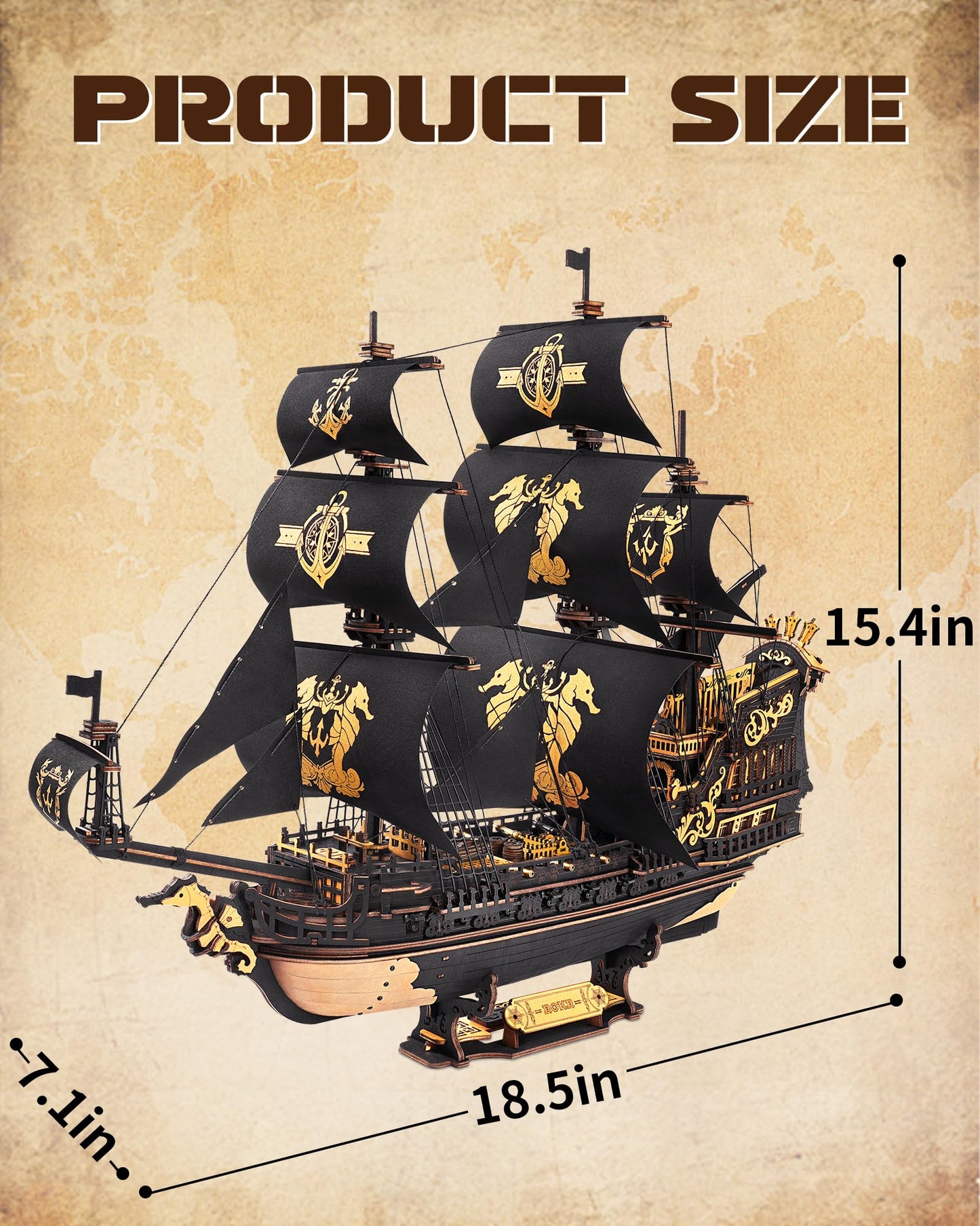 ROKR Seahorse Barque 3D Wooden Puzzle – 603-Piece Sailboat Model Kit (1:100)
