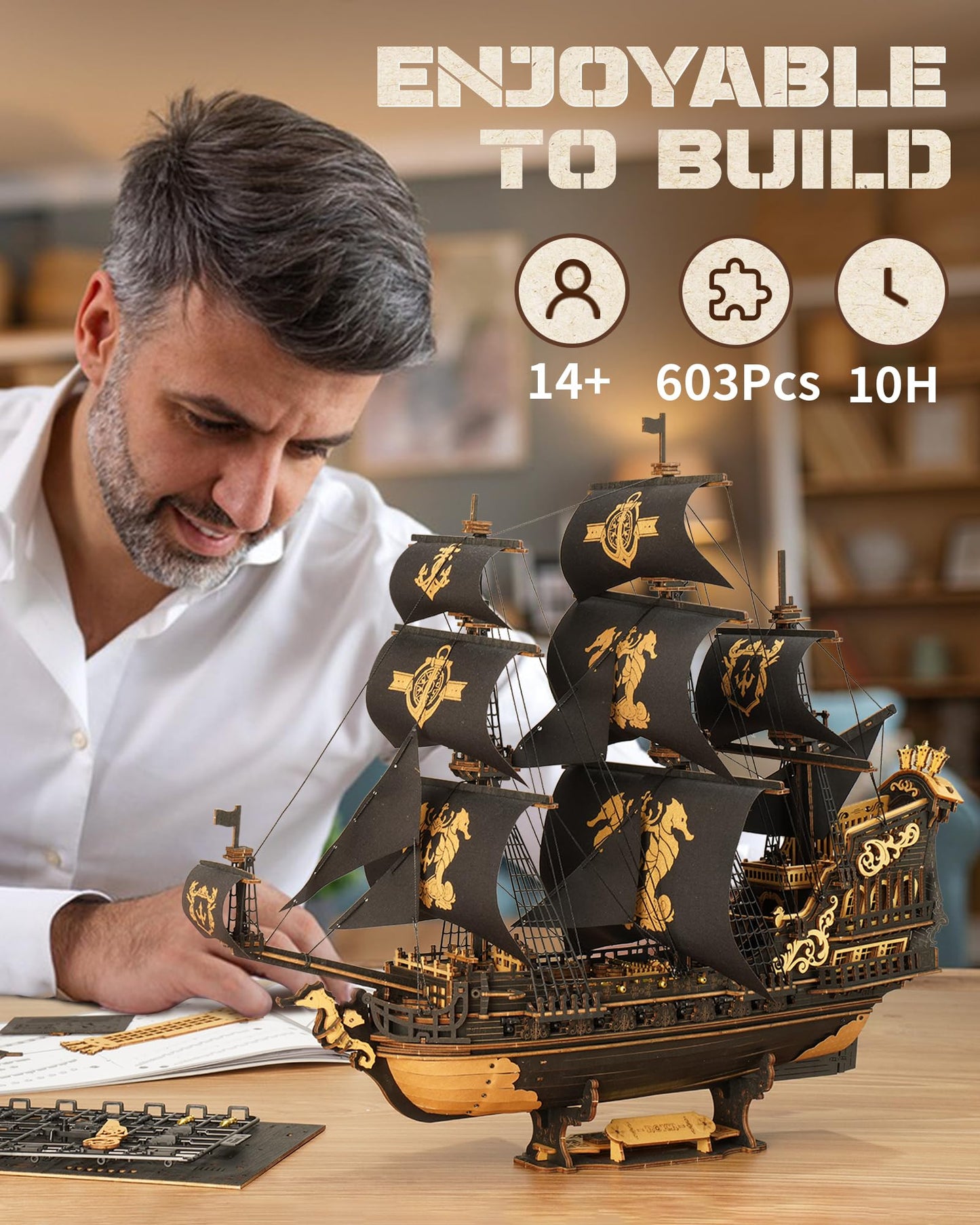 ROKR Seahorse Barque 3D Wooden Puzzle – 603-Piece Sailboat Model Kit (1:100)