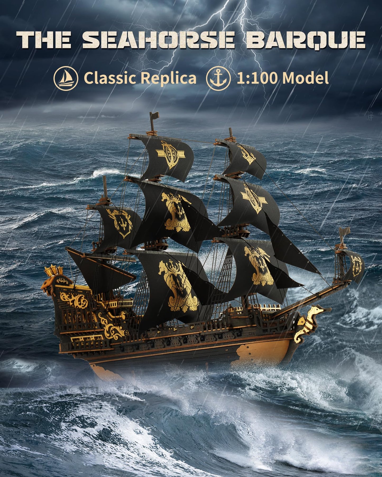 ROKR Seahorse Barque 3D Wooden Puzzle – 603-Piece Sailboat Model Kit (1:100)