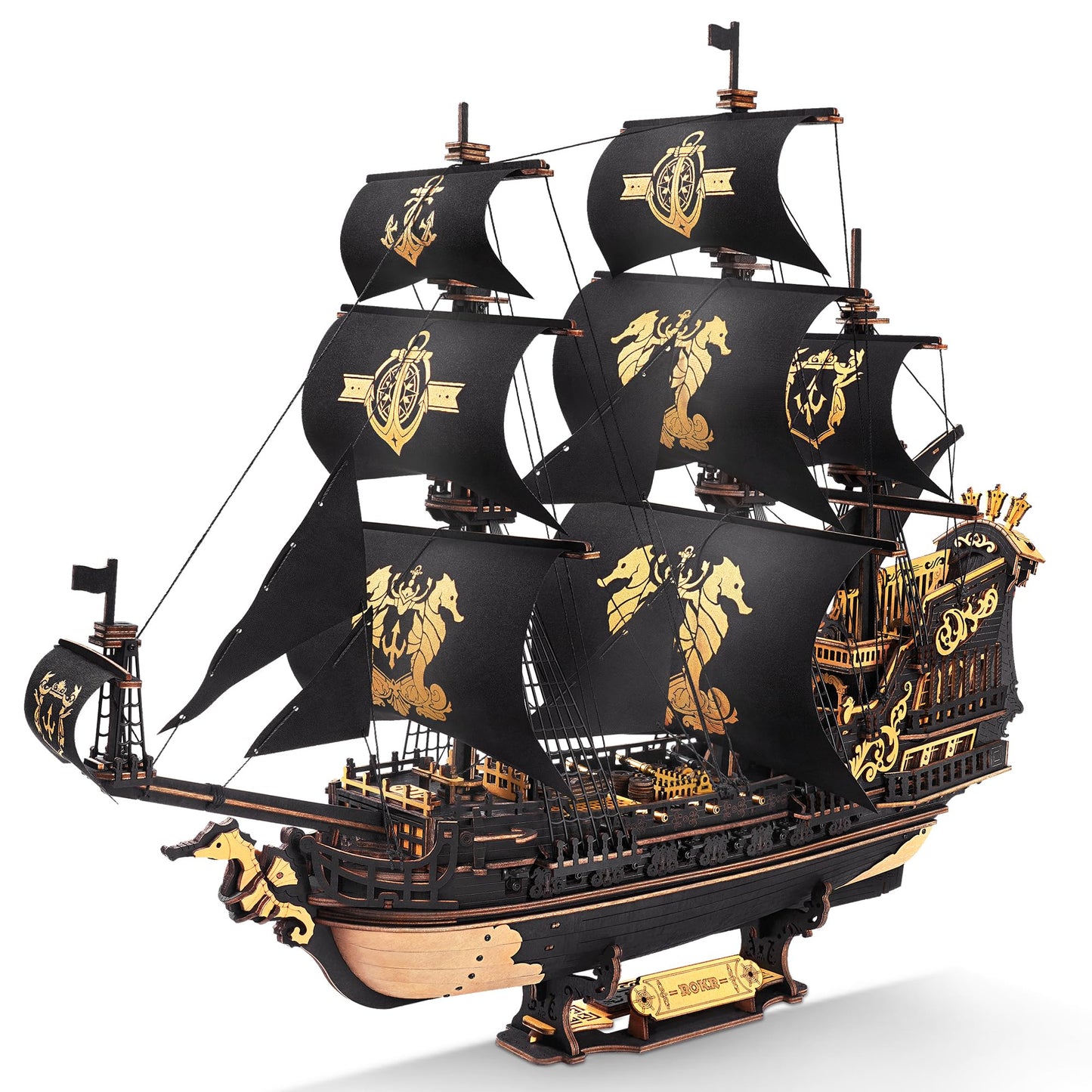 ROKR Seahorse Barque 3D Wooden Puzzle – 603-Piece Sailboat Model Kit (1:100)