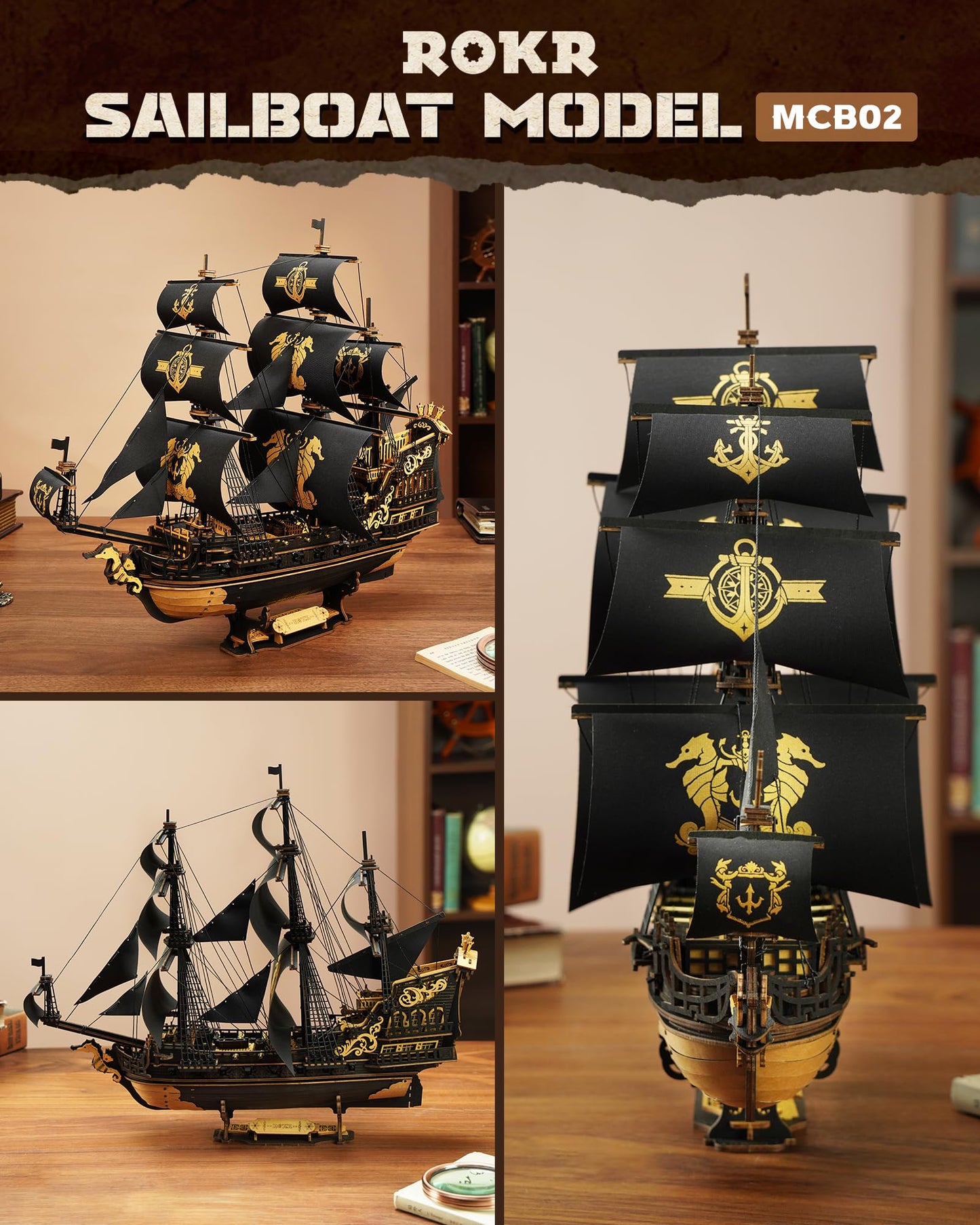 ROKR Seahorse Barque 3D Wooden Puzzle – 603-Piece Sailboat Model Kit (1:100)