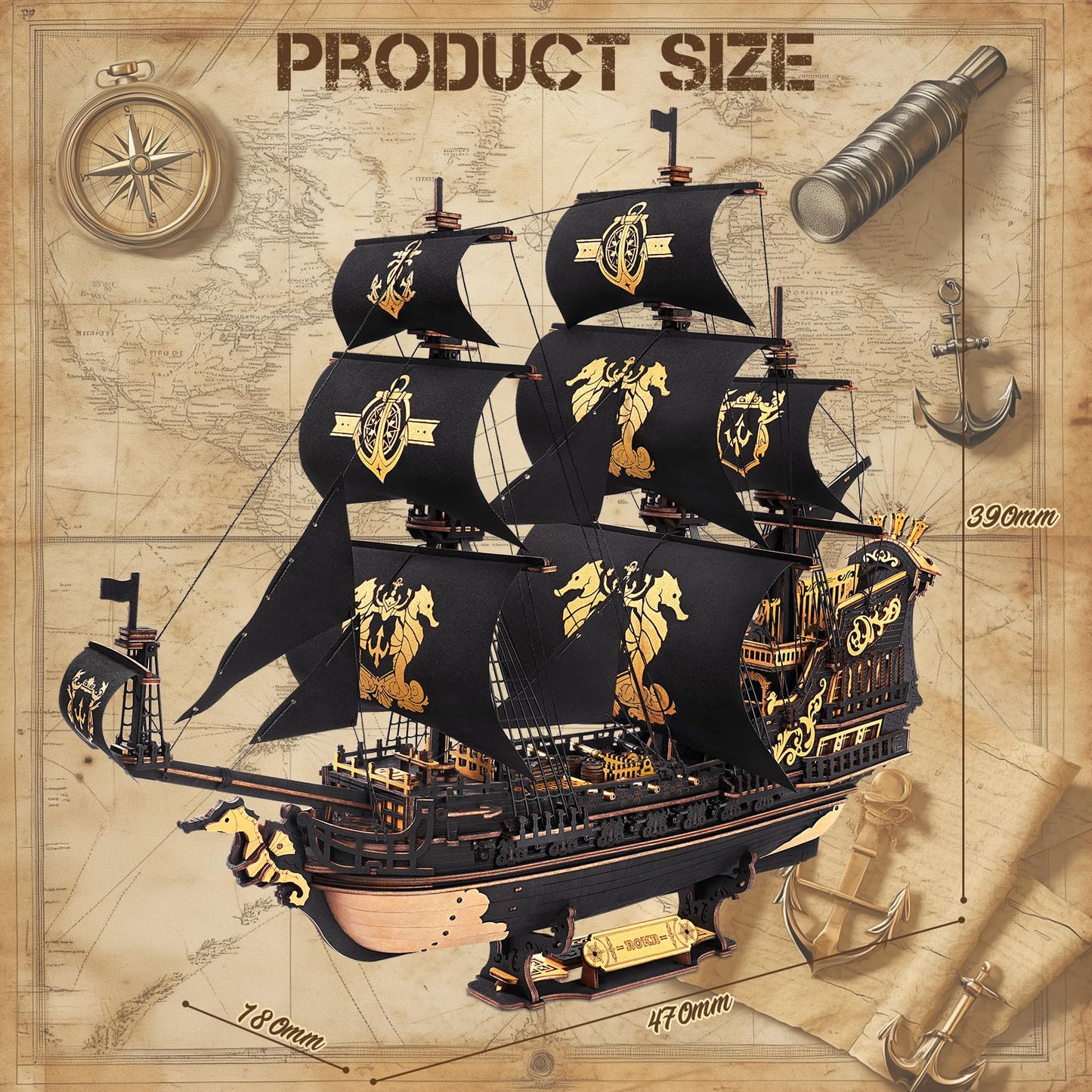 ROKR 3D Seahorse Barque Puzzle for Adults – 603-Piece Glue-Free 1:100 Model Kit