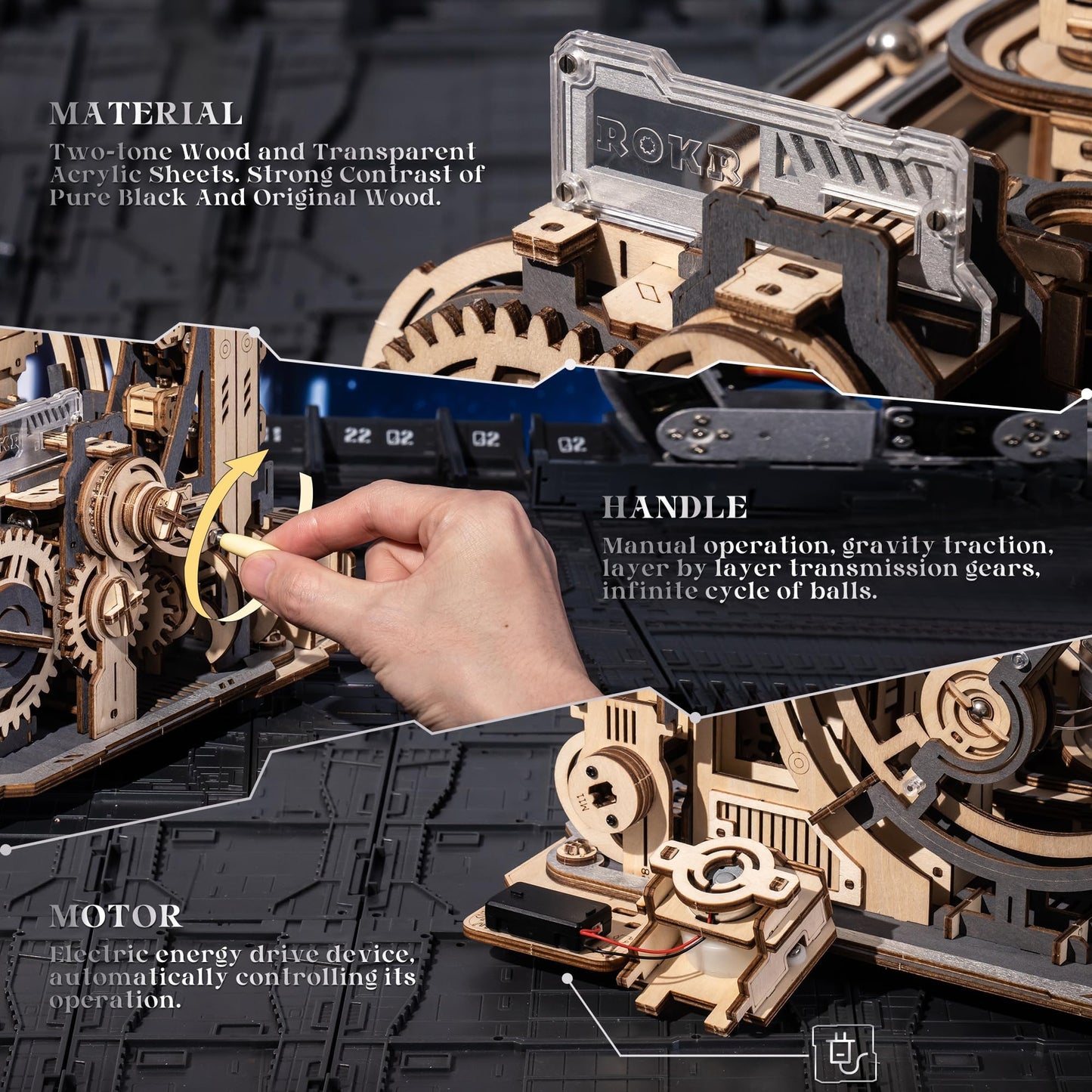ROKR 3D Marble Spaceport LGC01 – 472-Piece Wooden Puzzle with Electric & Manual Modes