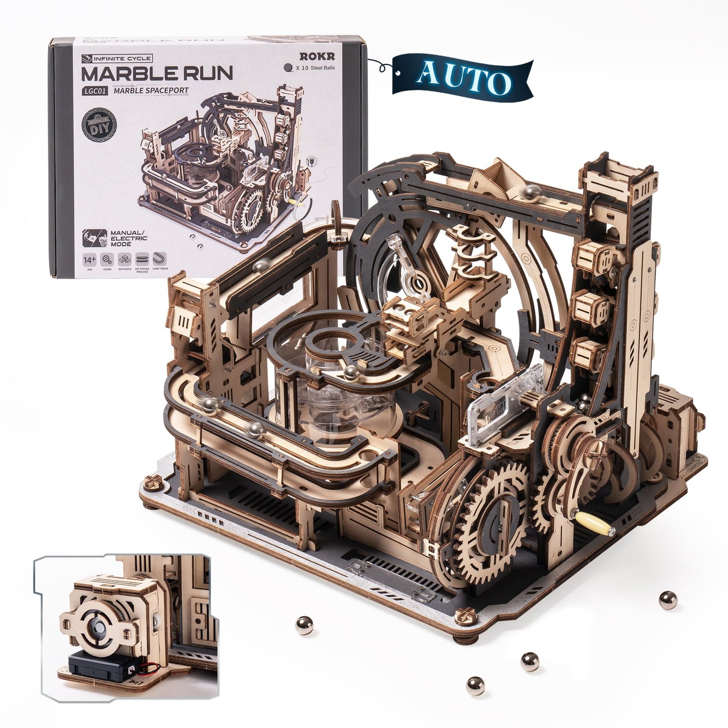 ROKR 3D Marble Spaceport LGC01 – 472-Piece Wooden Puzzle with Electric & Manual Modes