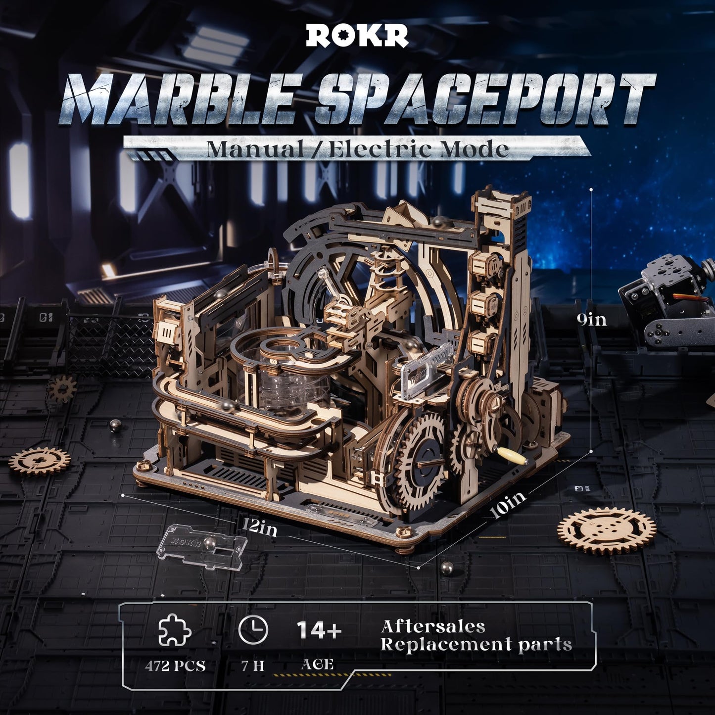 ROKR 3D Marble Spaceport LGC01 – 472-Piece Wooden Puzzle with Electric & Manual Modes