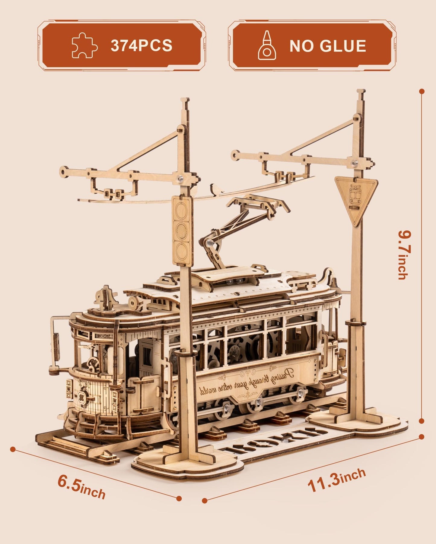 ROKR 3D Wooden Puzzle – Model Tram Car Kit for Adults | Build & Display Railway Toy
