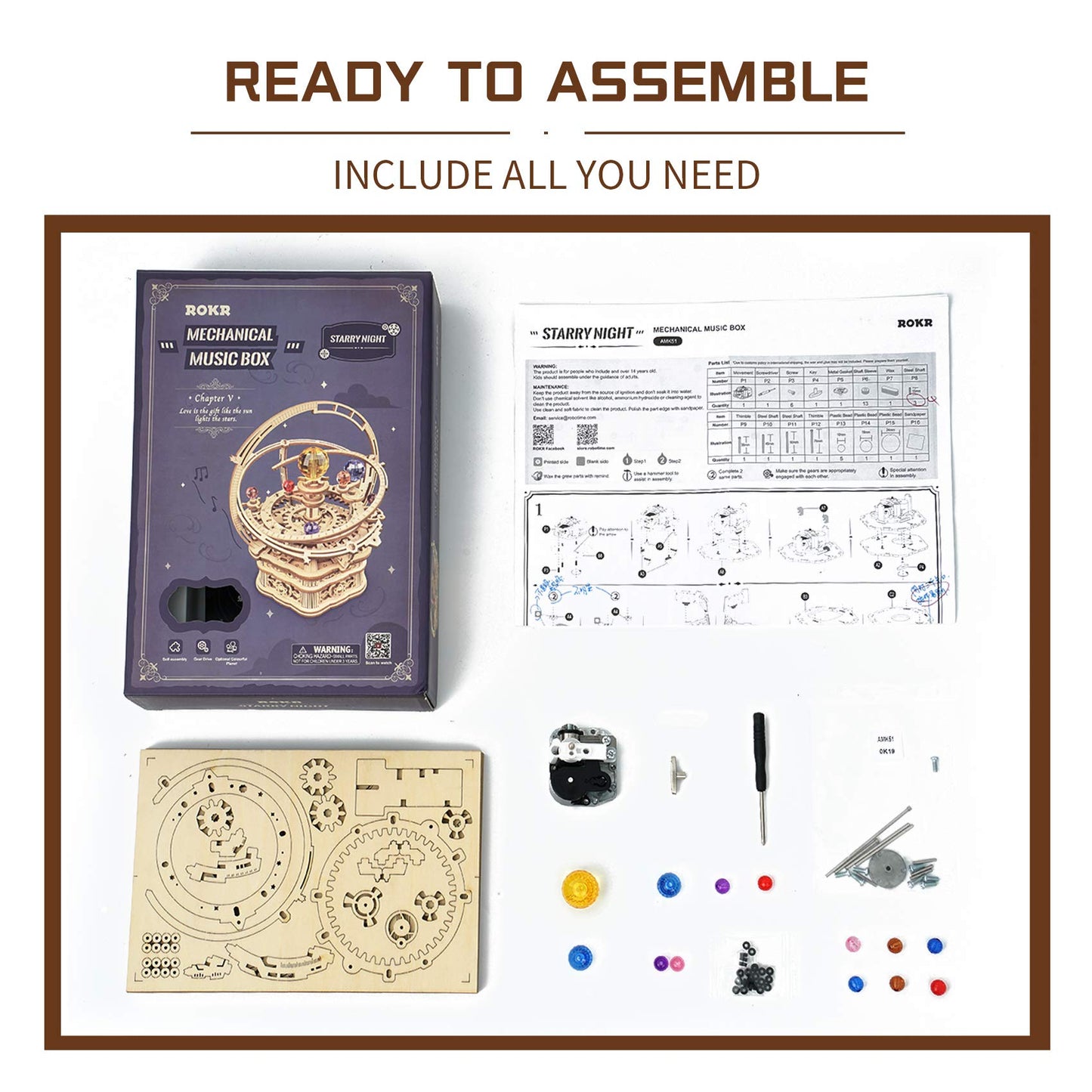 ROKR Starry Night 3D Wooden Puzzle Music Box – DIY Rotating Model Kit for Teens & Adults