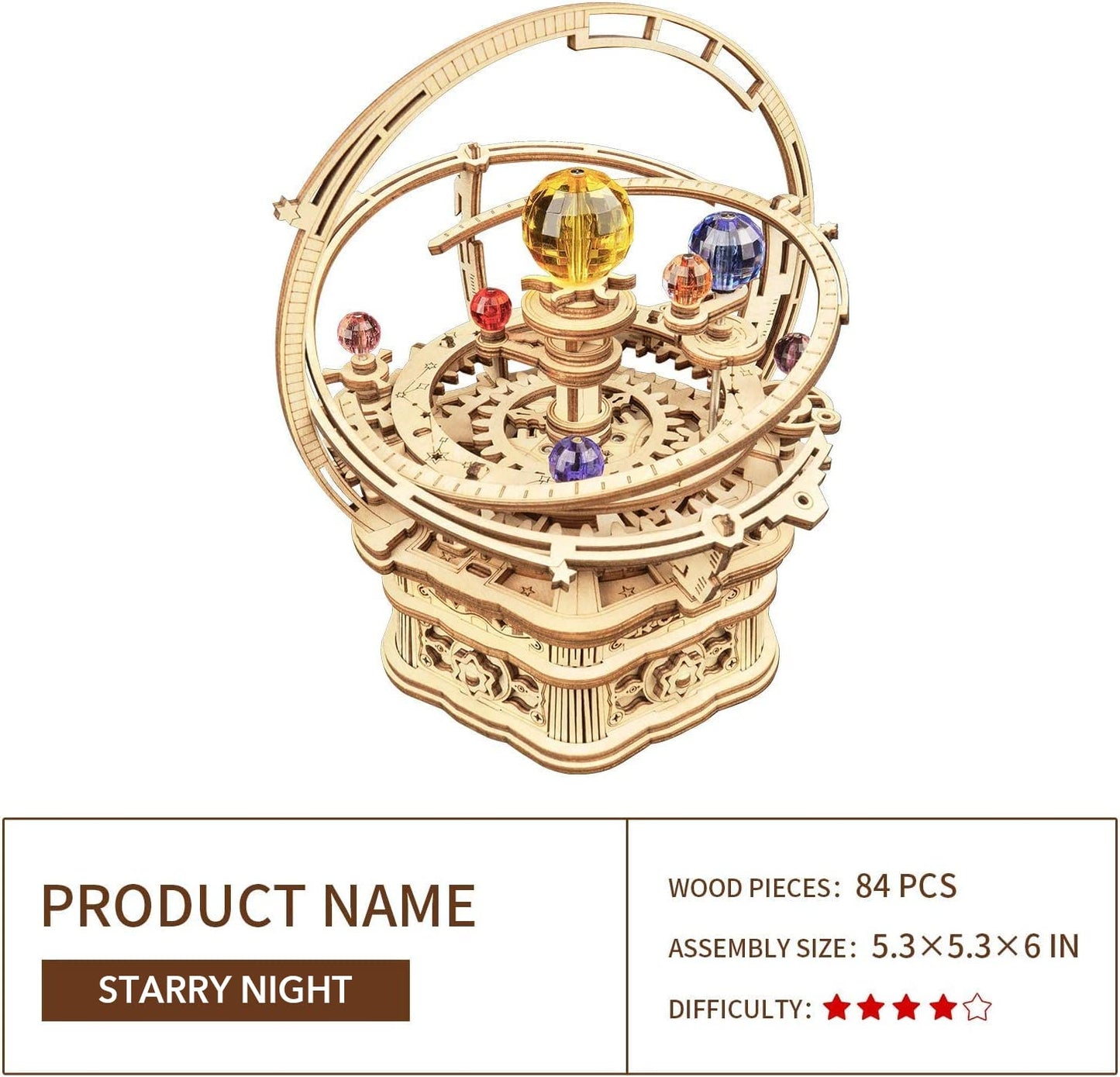 ROKR Starry Night 3D Wooden Puzzle Music Box – DIY Rotating Model Kit for Teens & Adults