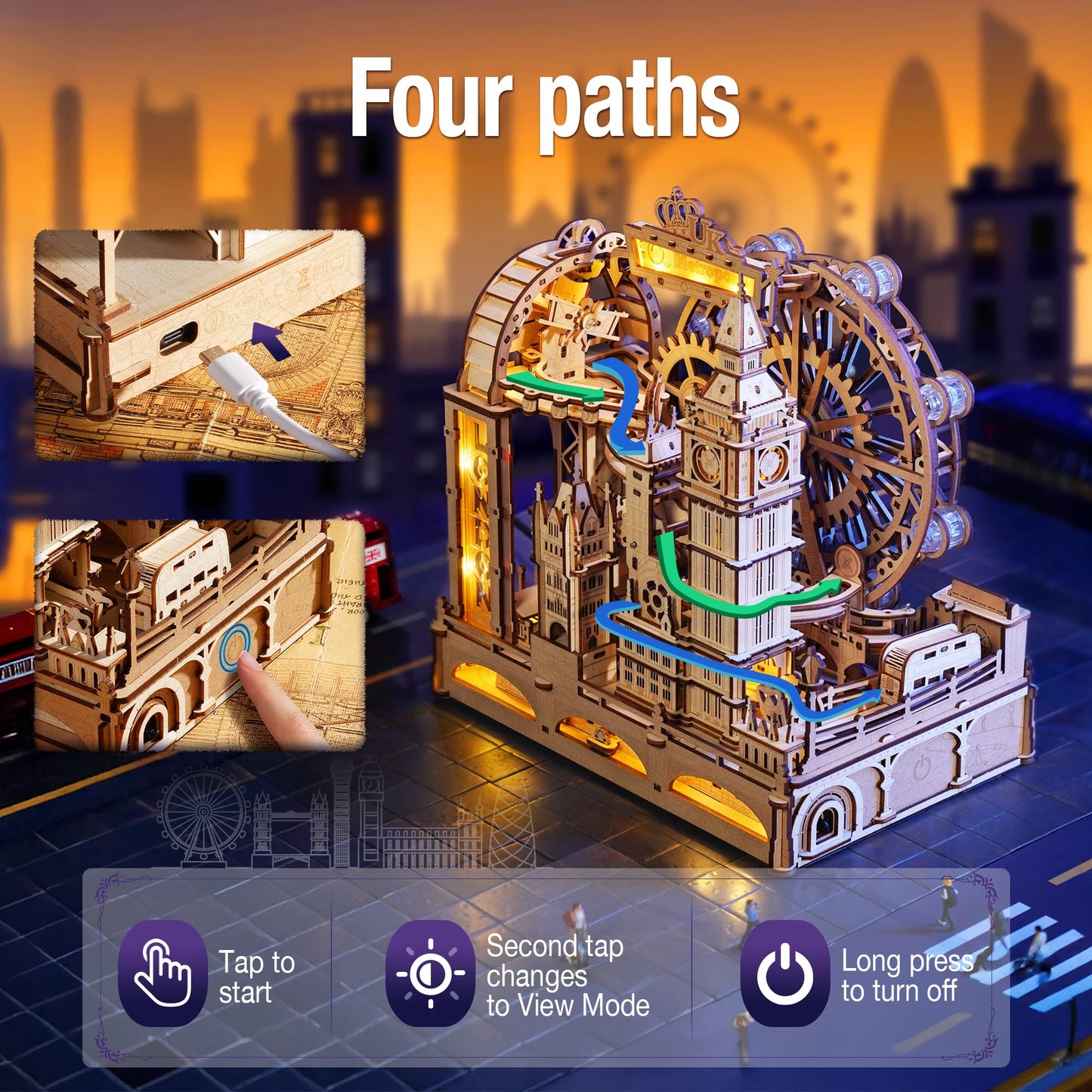 ROKR Marble Travel London – 3D Wooden Puzzle with LED Marble Run for Adults